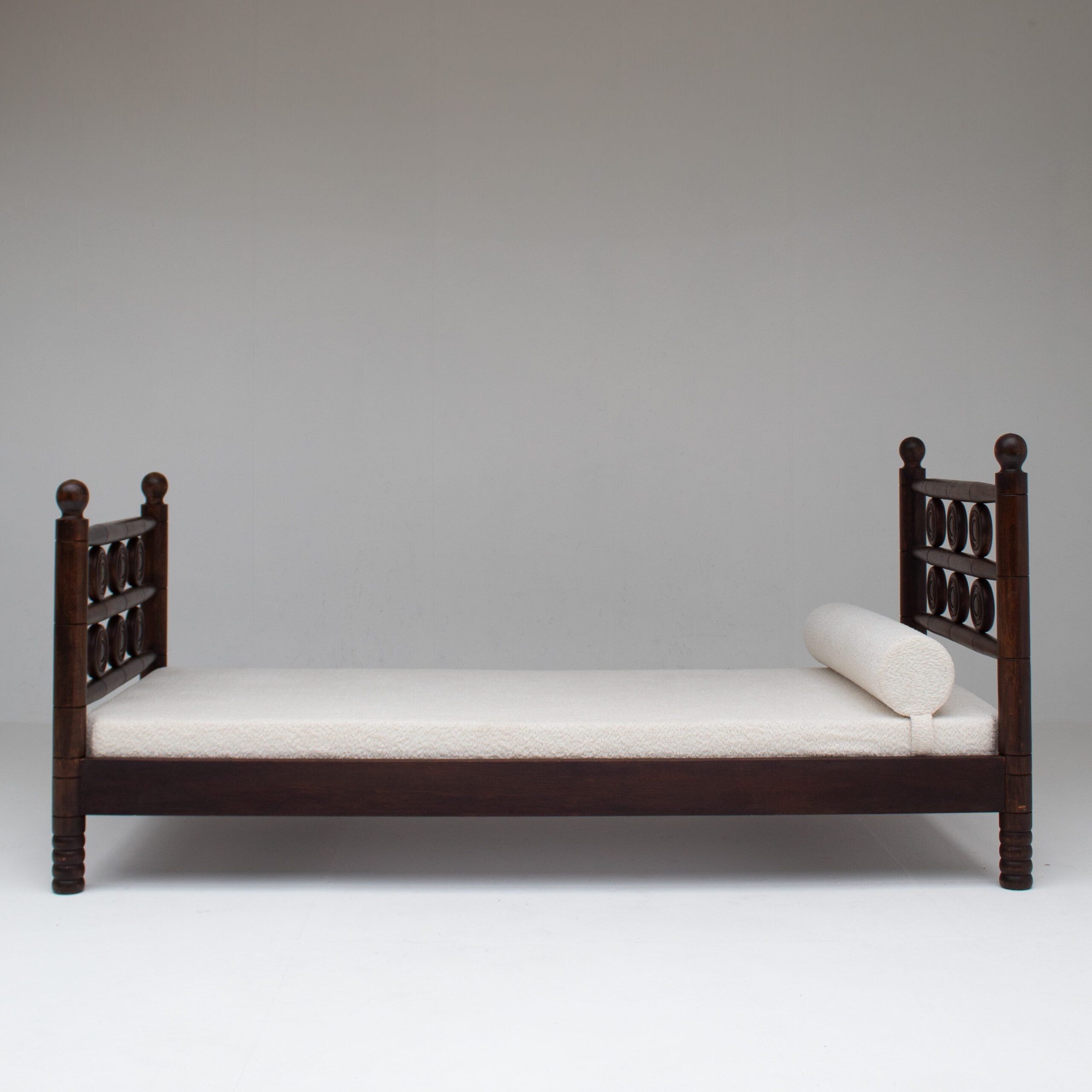 Mid-Century Wooden Bed with Sculptural Headboard — close-up