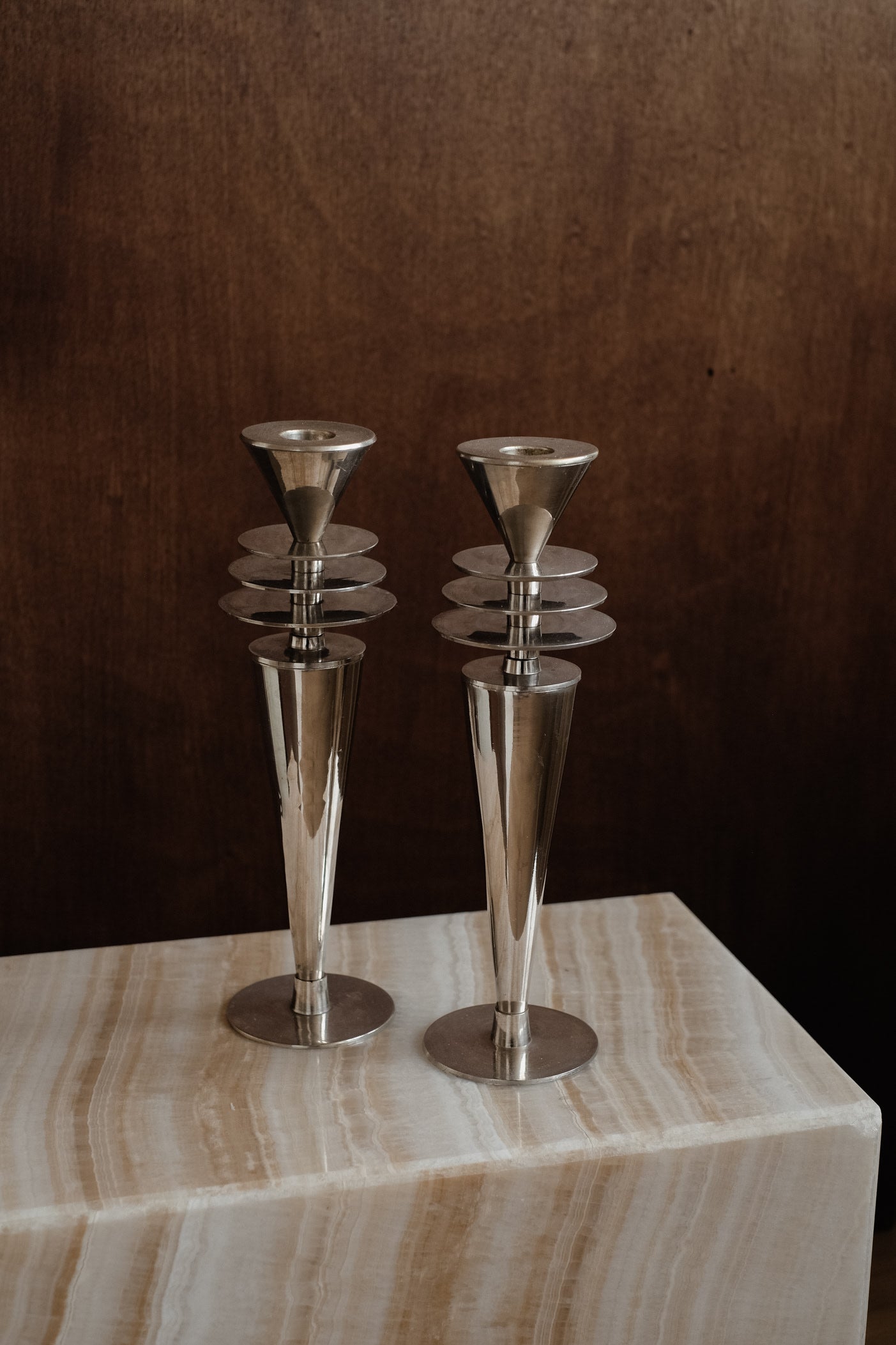 Vintage Art Deco Style Chrome Candlesticks — detail view