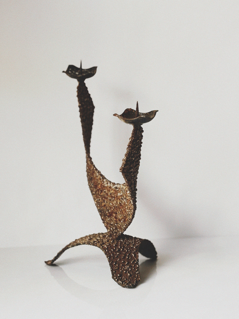 Brutalist 2 Arm Sculptural Metal Candlestick, Poland Mid Century  — detail view