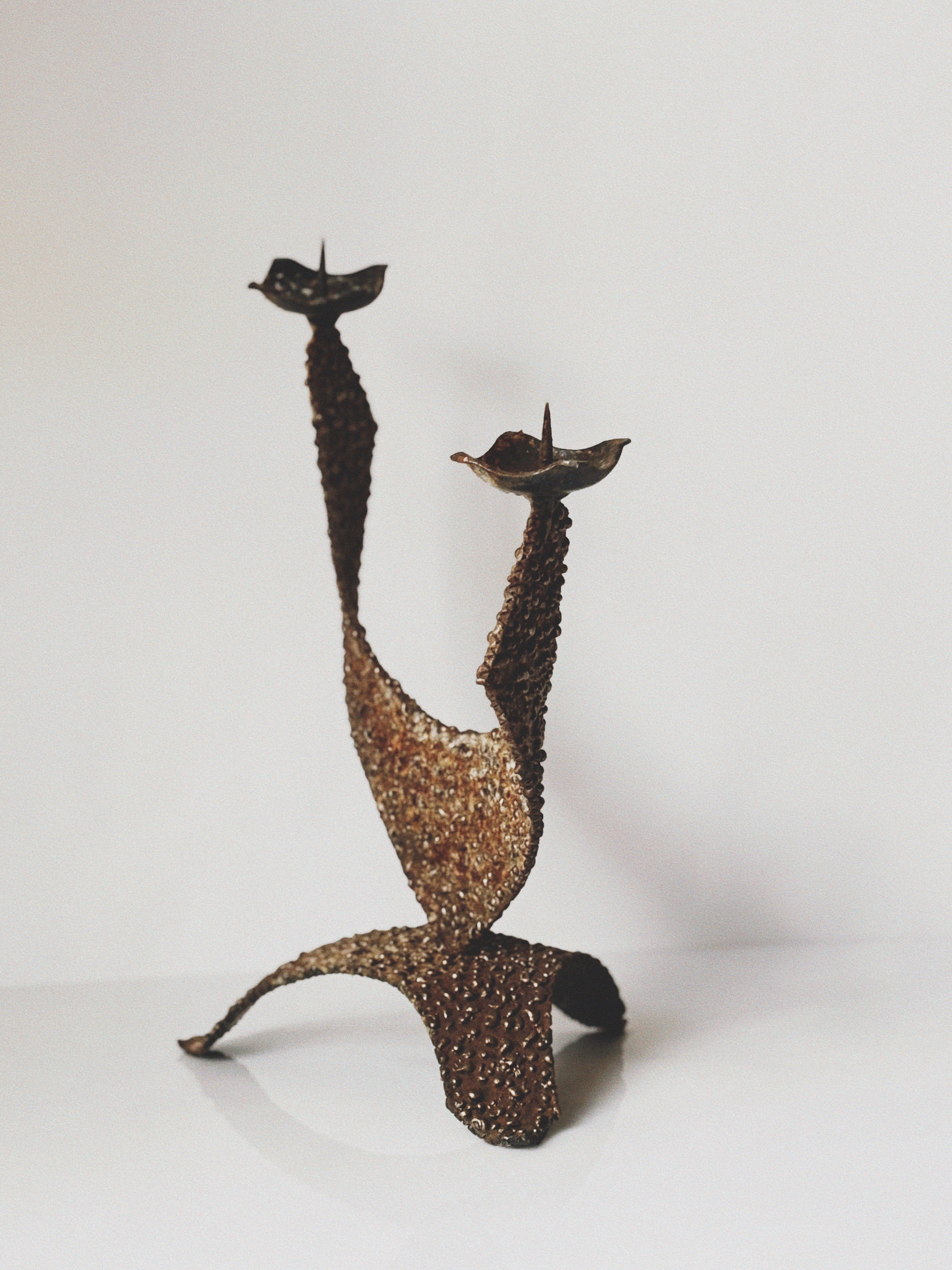 Brutalist 2 Arm Sculptural Metal Candlestick, Poland Mid Century  — detail view