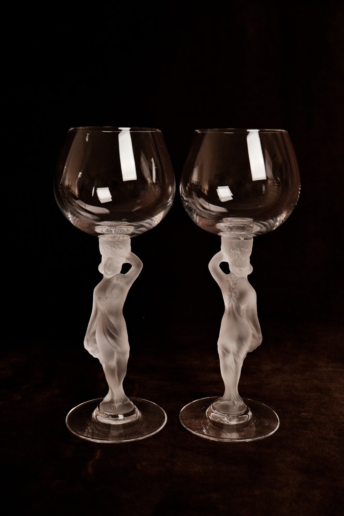 Set of 6 Crystal Port Wine Glasses with Frosted Female Stems by Cristallerie de Bayel — in context