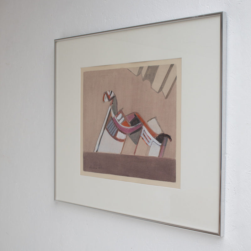Mid Century Italian Work on Paper, 1977 — detail of framed drawing on wall