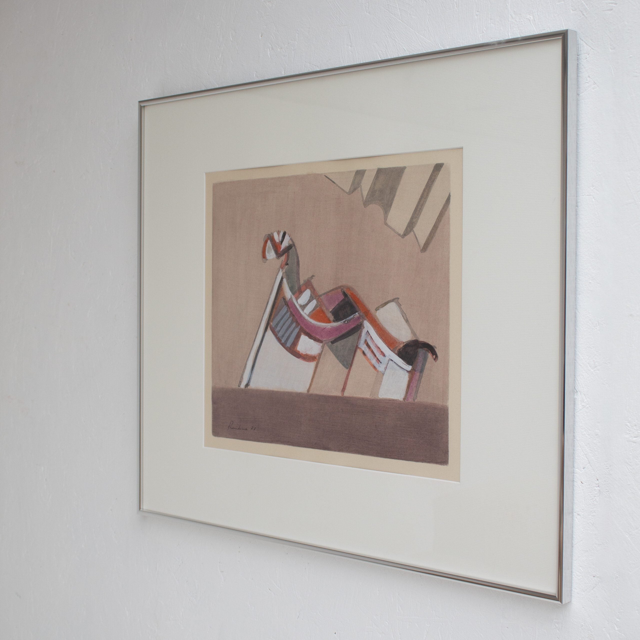 Mid Century Italian Work on Paper, 1977 — detail of framed drawing on wall