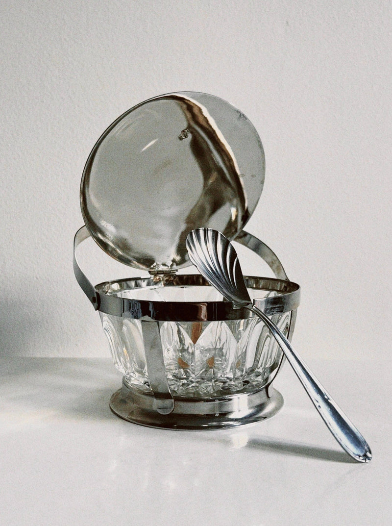 Crystal sugar bowl with silver-plated lid and matching spoon