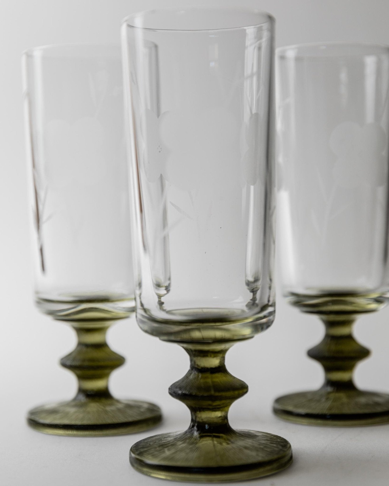 Vintage 1970s Champagne Glasses Set of 4, Olive Green Stems with Etched Floral Clear Glass Bowls, Elegant Barware Tableware, Gift Idea — lifestyle setting