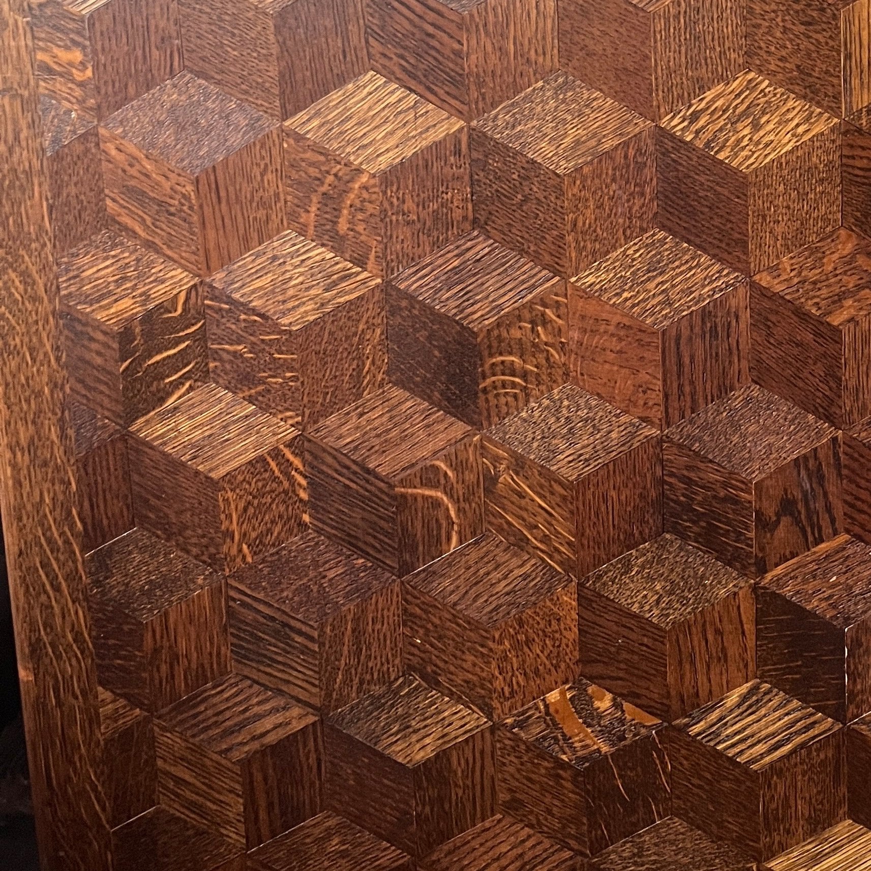 Pair of Art Deco Belgian Parquetry Cabinets with Rose Marble Tops — back view of parquetry pattern