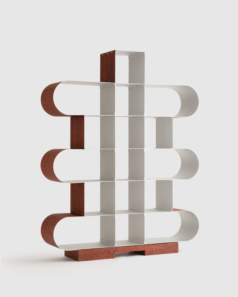 Modern geometric aluminum shelf with curved wood elements by Hun Lee