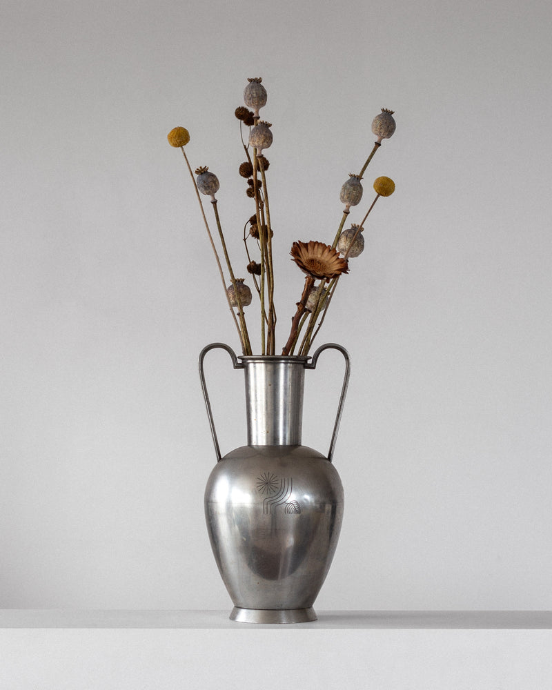 1930s modernist pewter amphora vase with dried botanicals