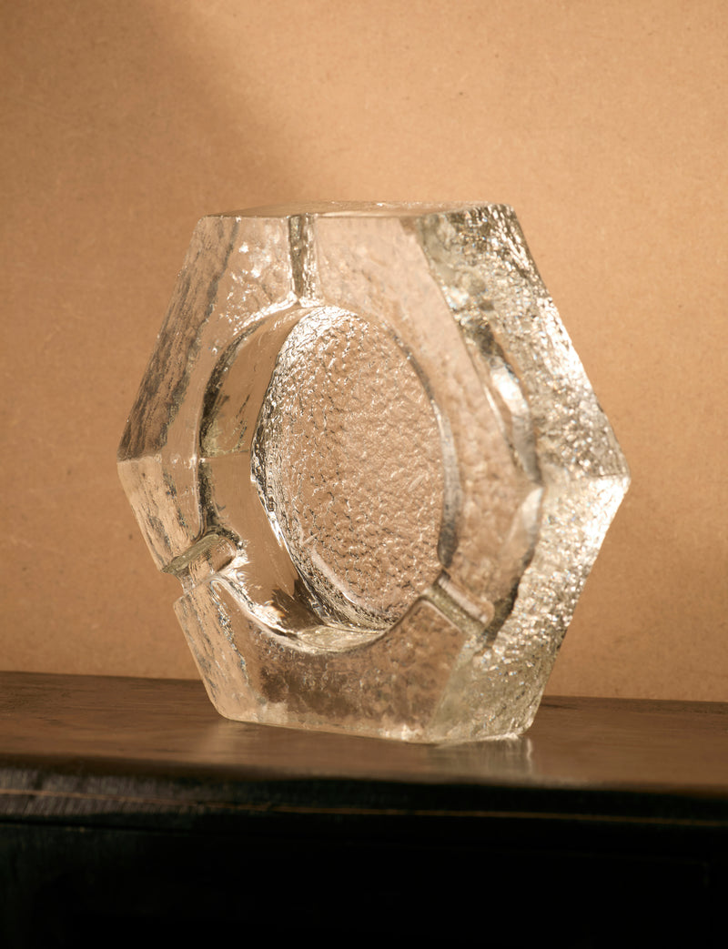 Vintage Scandinavian Ashtray in Glass and Clear Glass — close-up showing textured surface and hexagonal shape