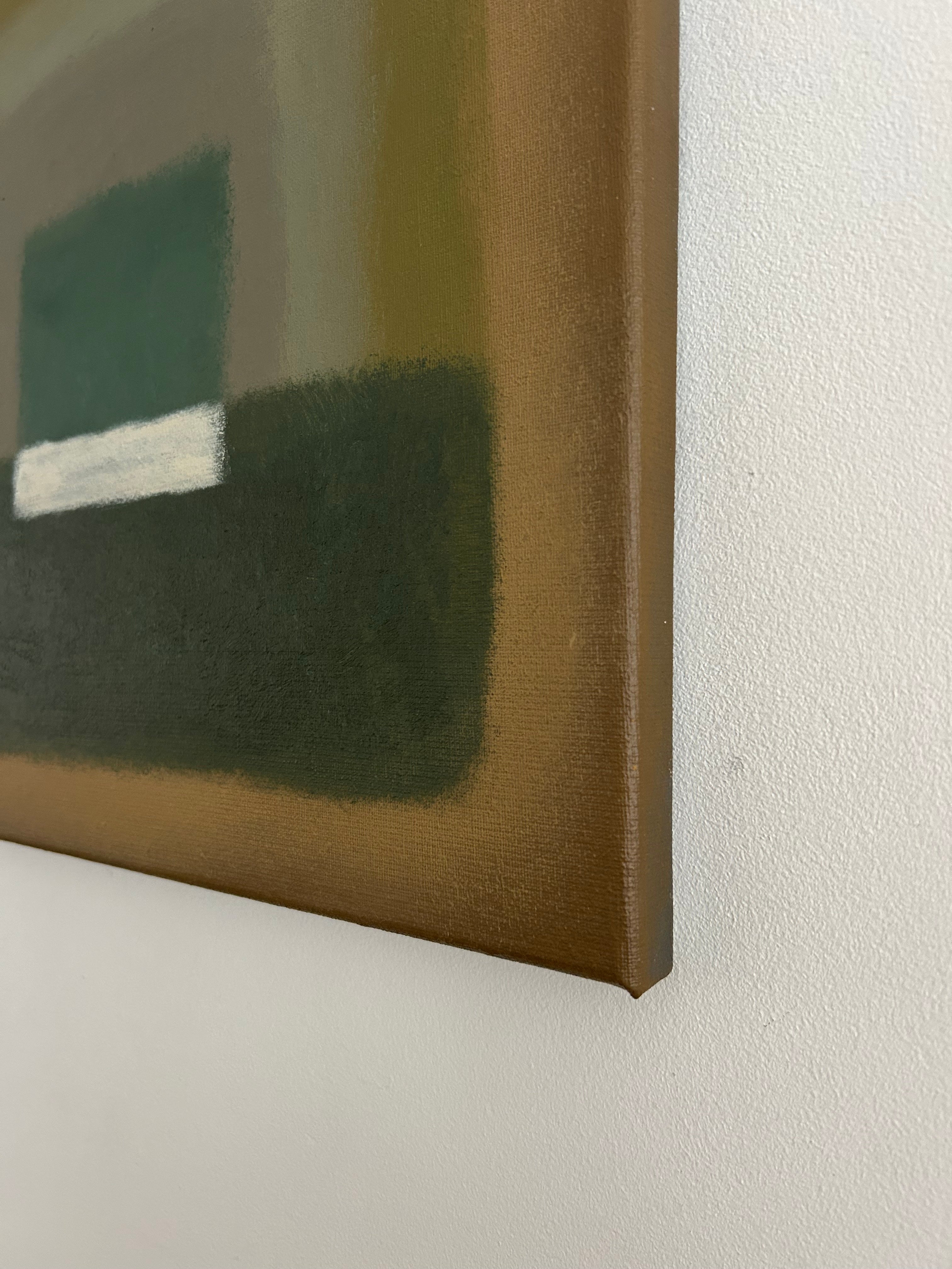 Close-up of Iris Bavelaar’s Forrest Walk Painting, showcasing textured canvas and abstract shapes in green, brown, and white tones with a soft shadow on the wall.