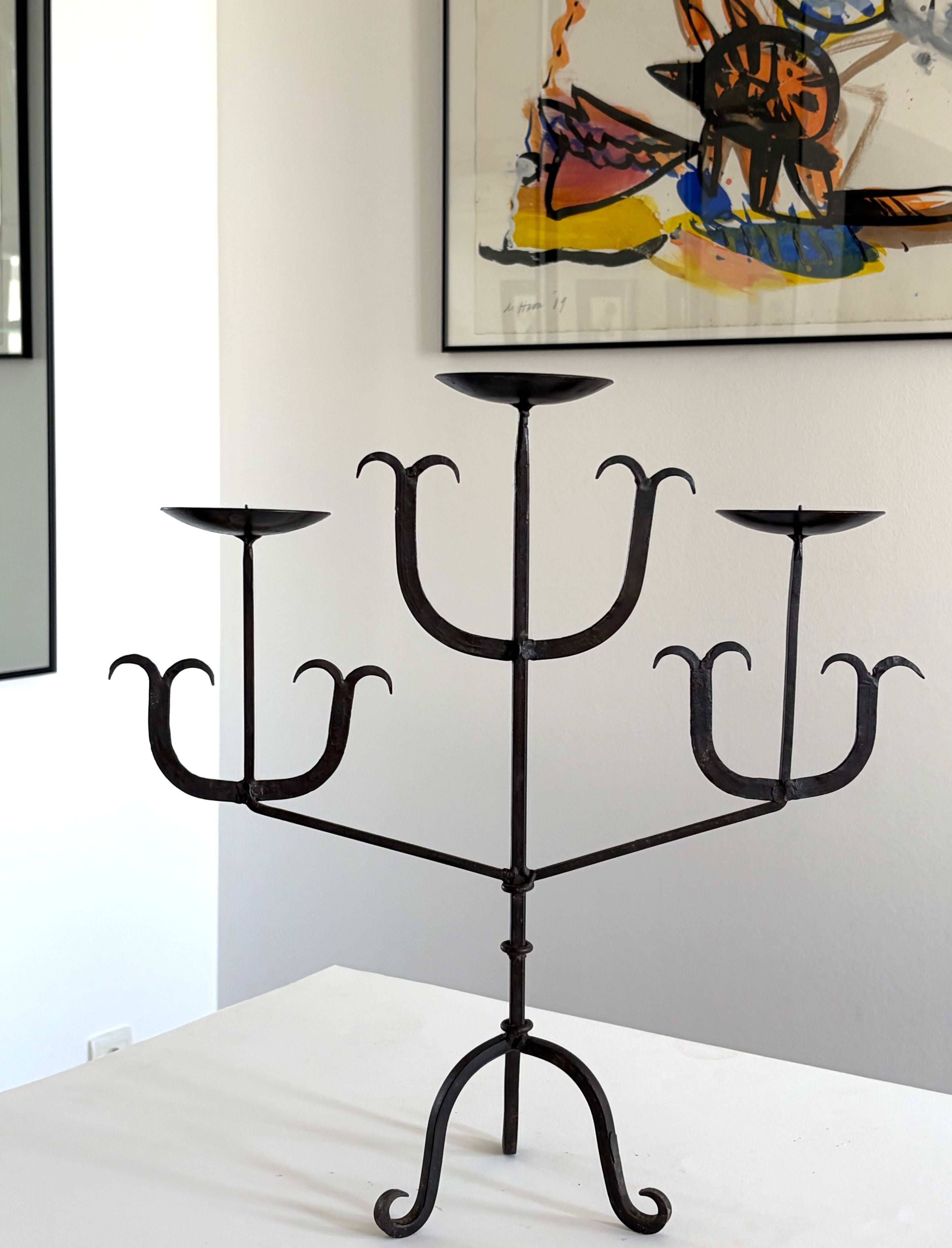 French Forged Iron Three-Arm Candelabra, 1960s — detail view