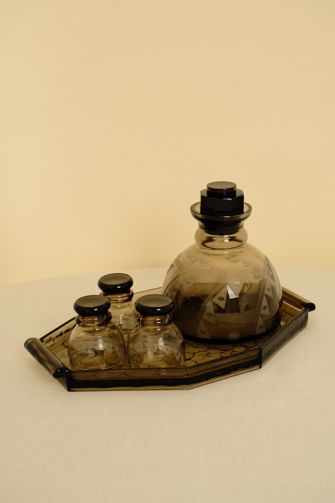 Art Deco Smoked Glass Serving Tray — close-up