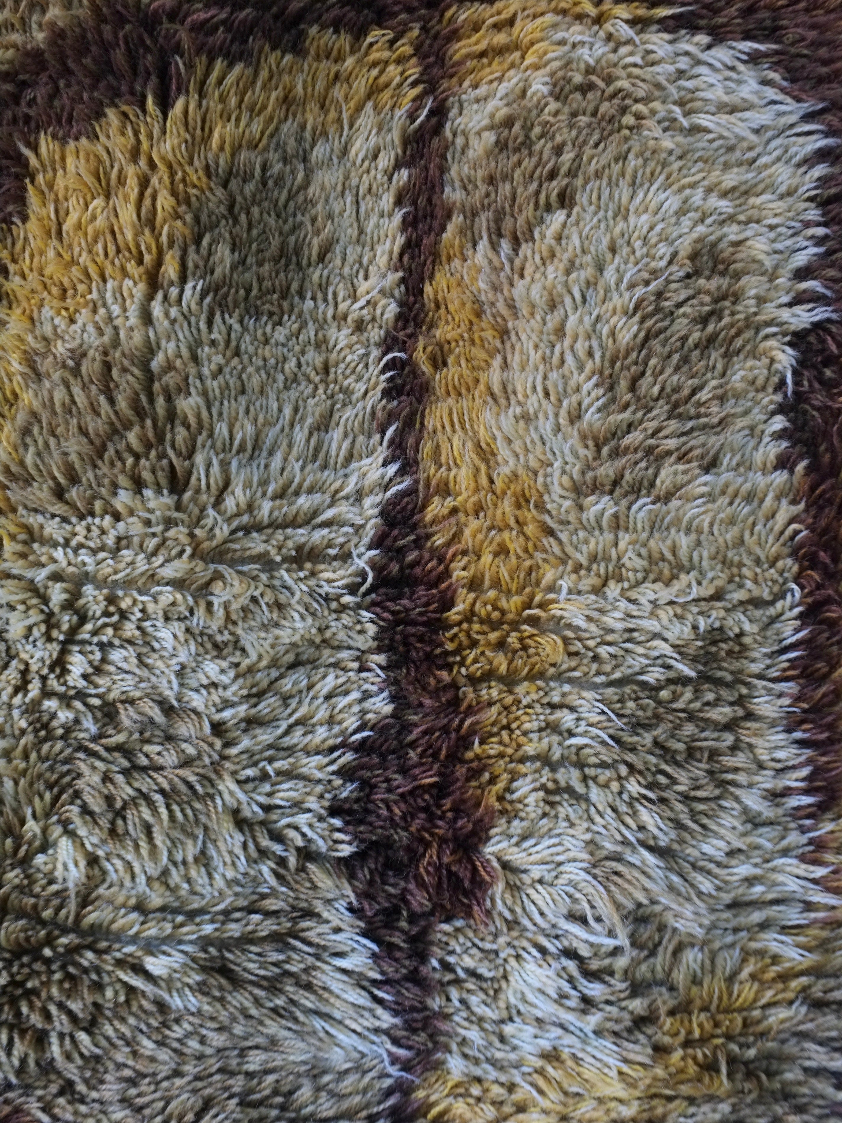 Vintage Swedish Brown Wool Rya Rug | 1960s — close-up of textured wool fibers