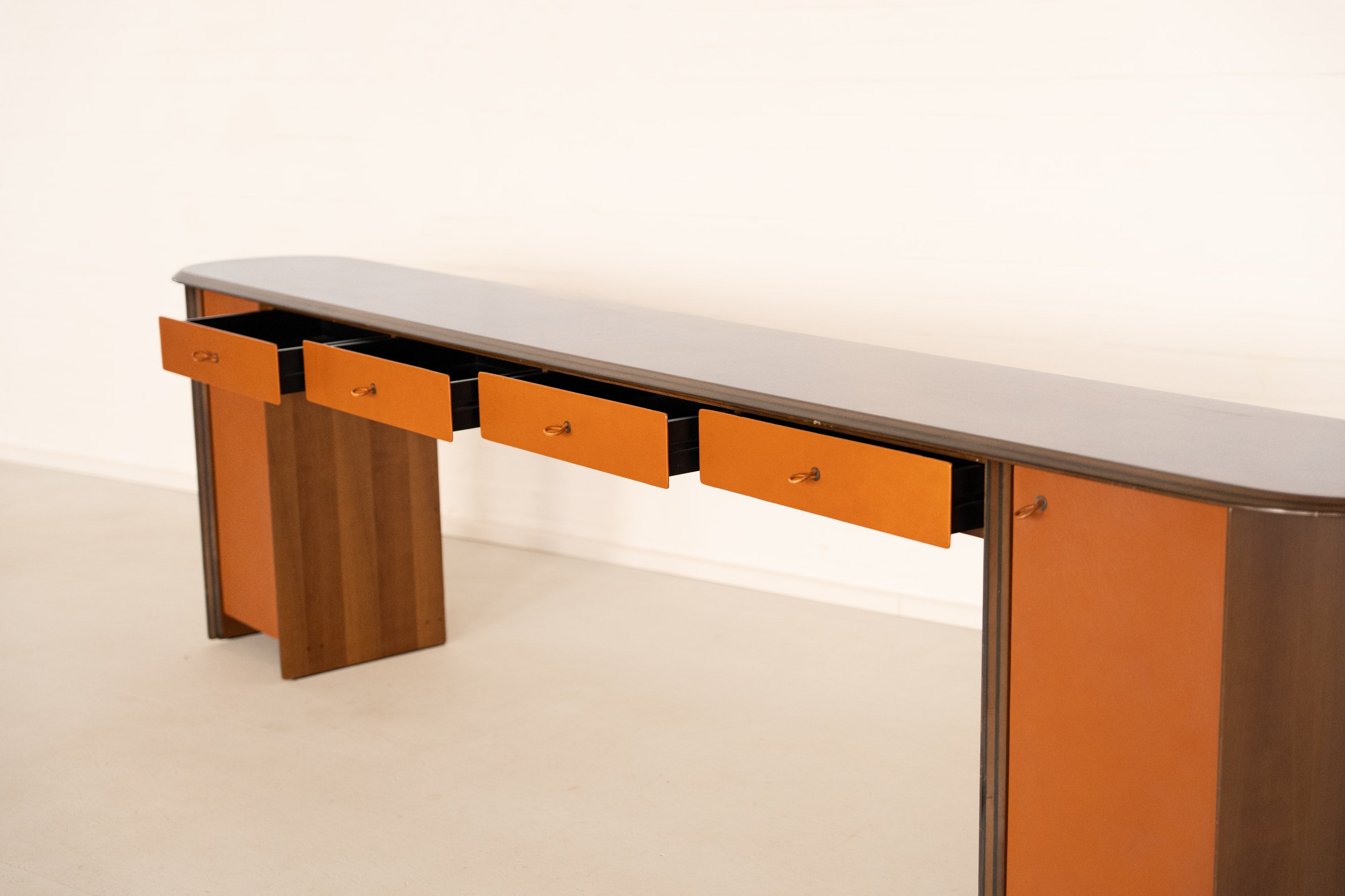 Artona Console by Afra & Tobia Scarpa for Maxalto — top view showing orange drawers and wooden frame