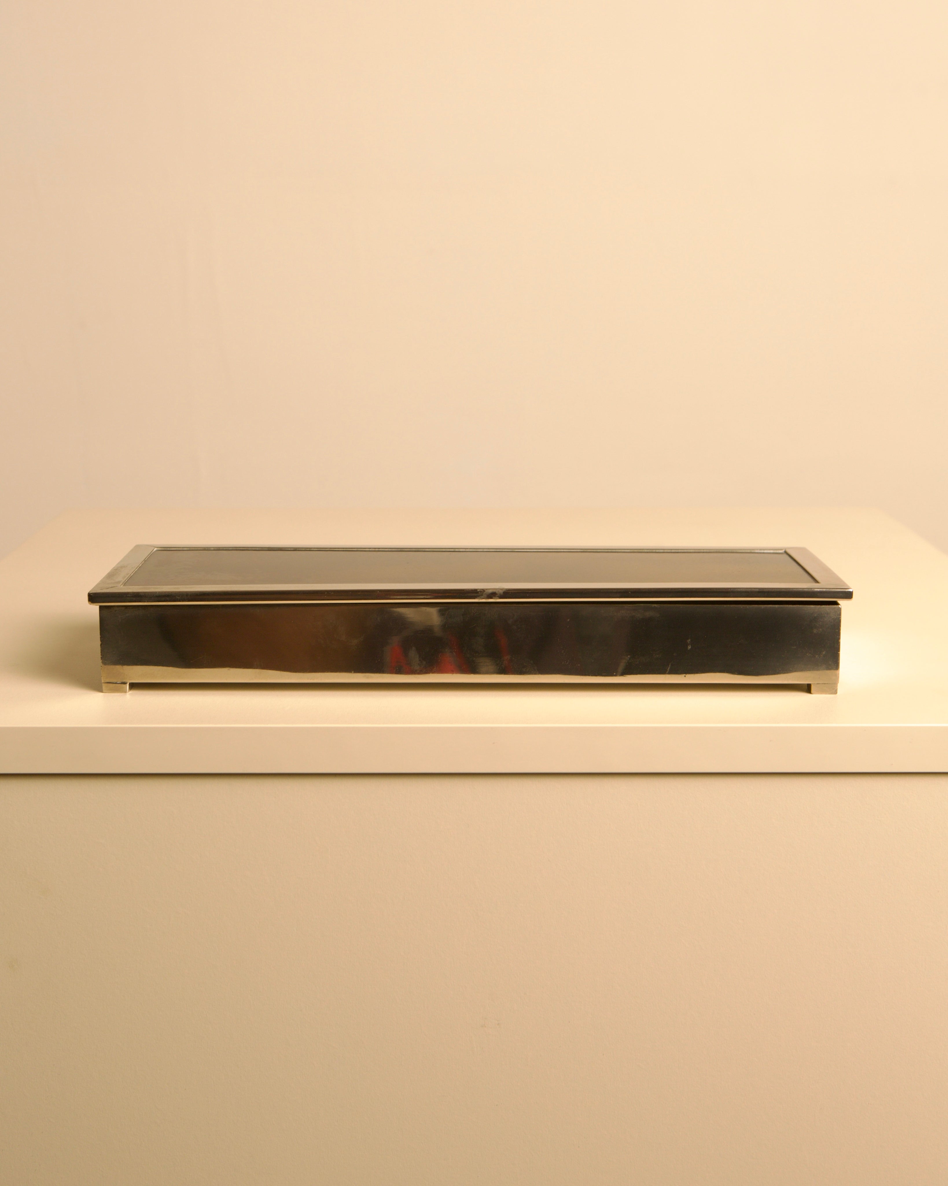 Italian rectangular box in chrome metal, amber faux tortoiseshell lacquer and green velvet — alternate view