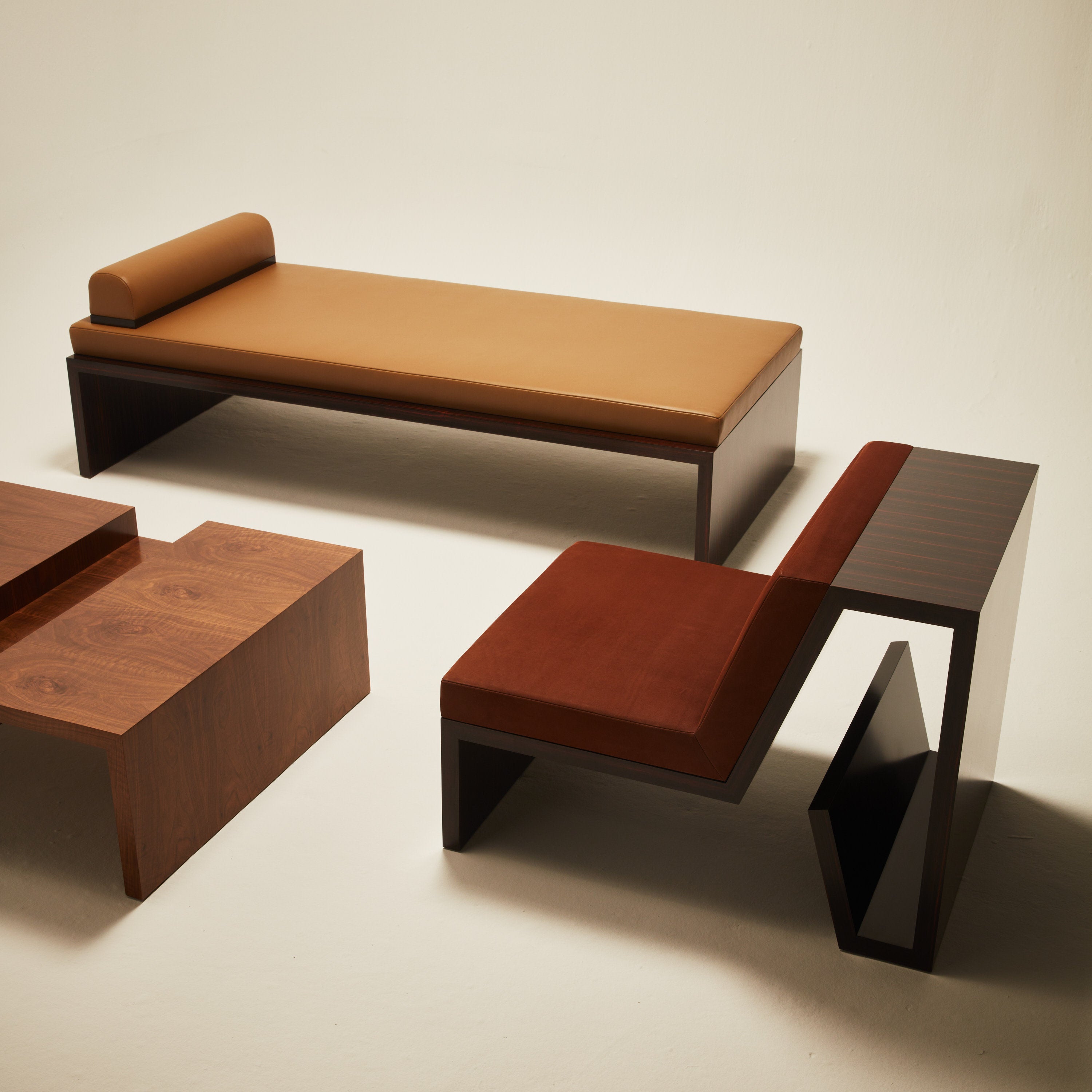 'Continuous' Daybed Handcrafted in Wood Veneer & Leather Upholstery — close-up