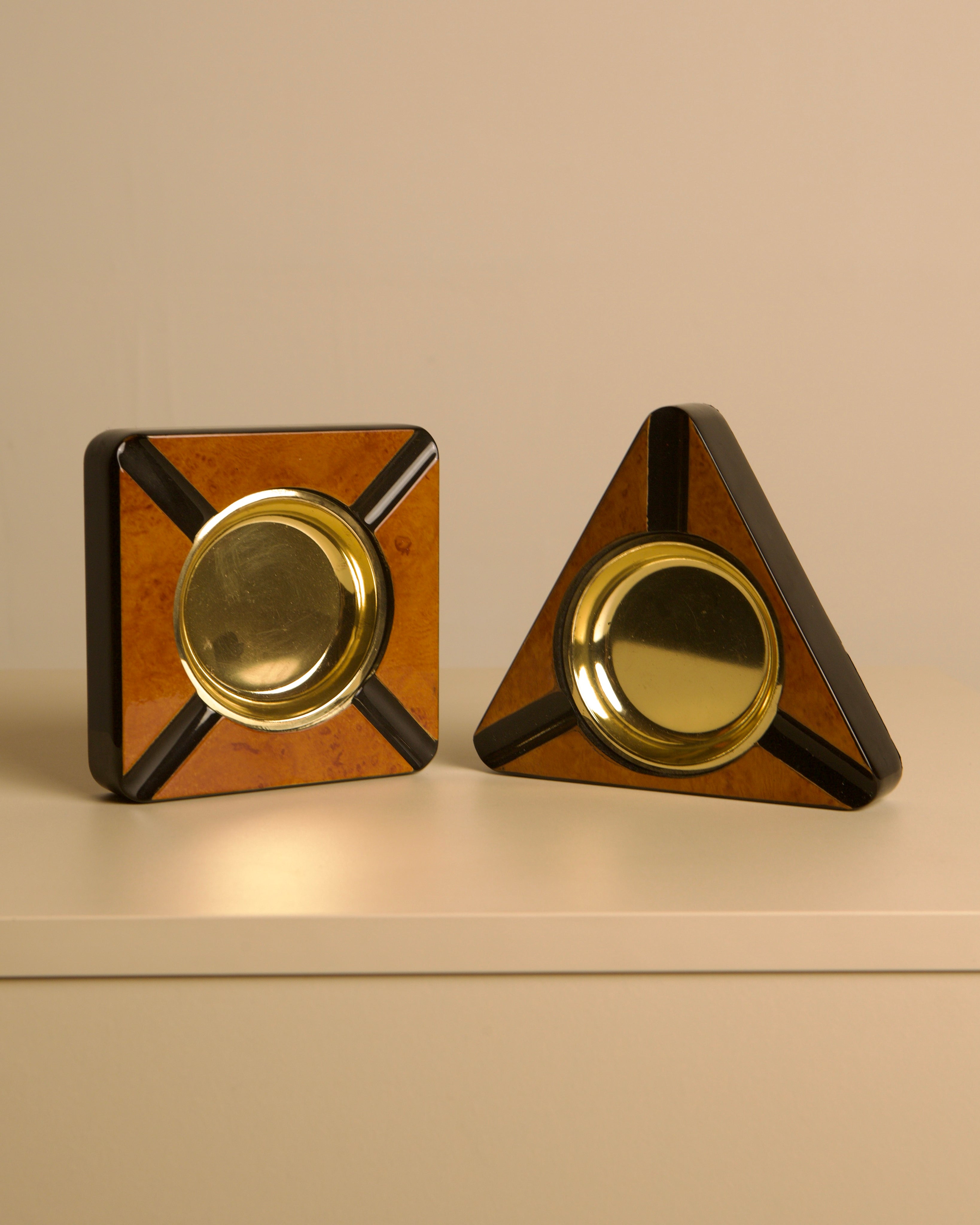 Pair of Italian Burl Wood, Black Lacquer & Brass Ashtrays, 1960s — Square & Triangle — side angle