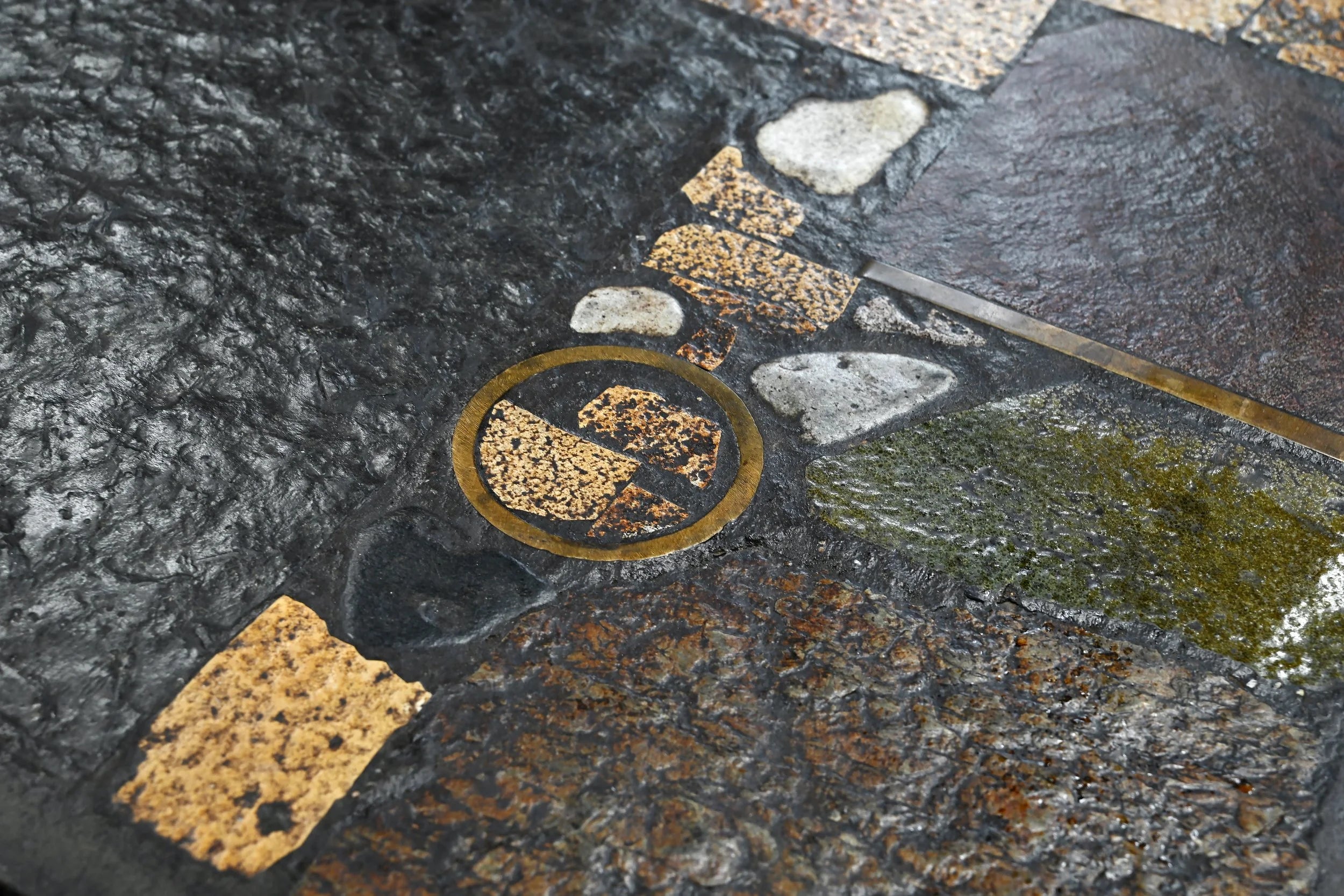 Paul Kingma Slate, Stone, and Brass Inlaid Coffee Table, 1970's — lifestyle setting
