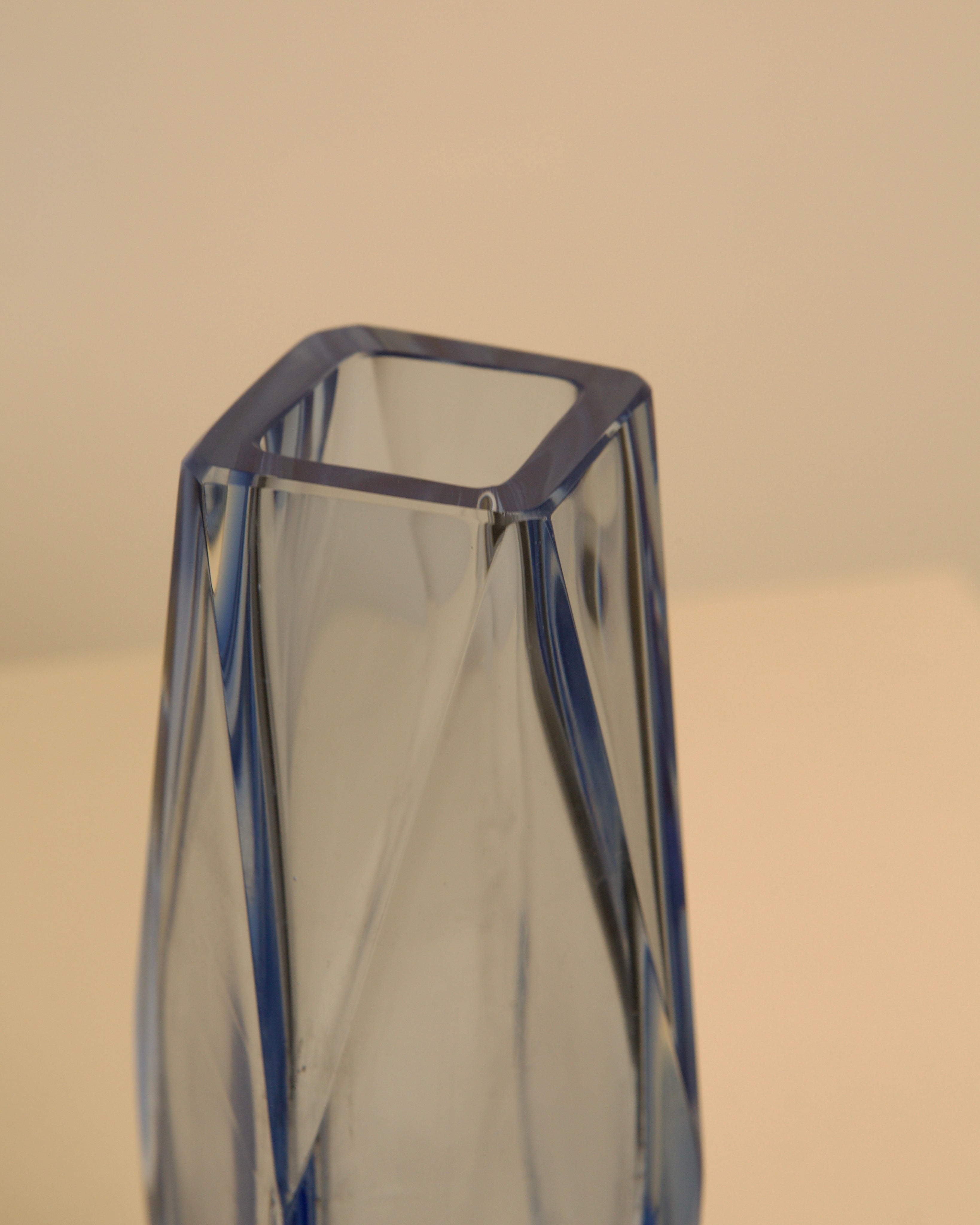 Sky blue crystal vase detail showing angular cut facets
