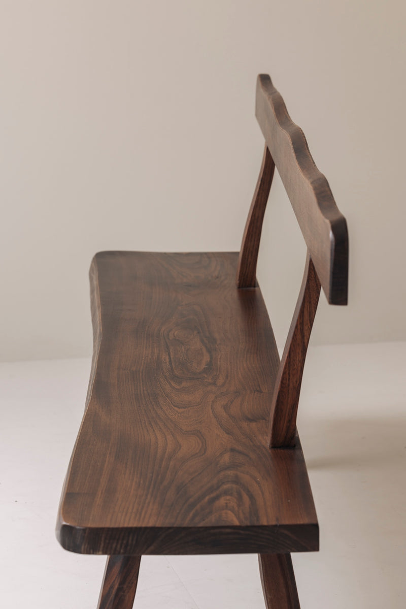 Sculptural Bench by Olavi Hanninen for Aranjou, France 1950s — side view highlighting rich wood grain