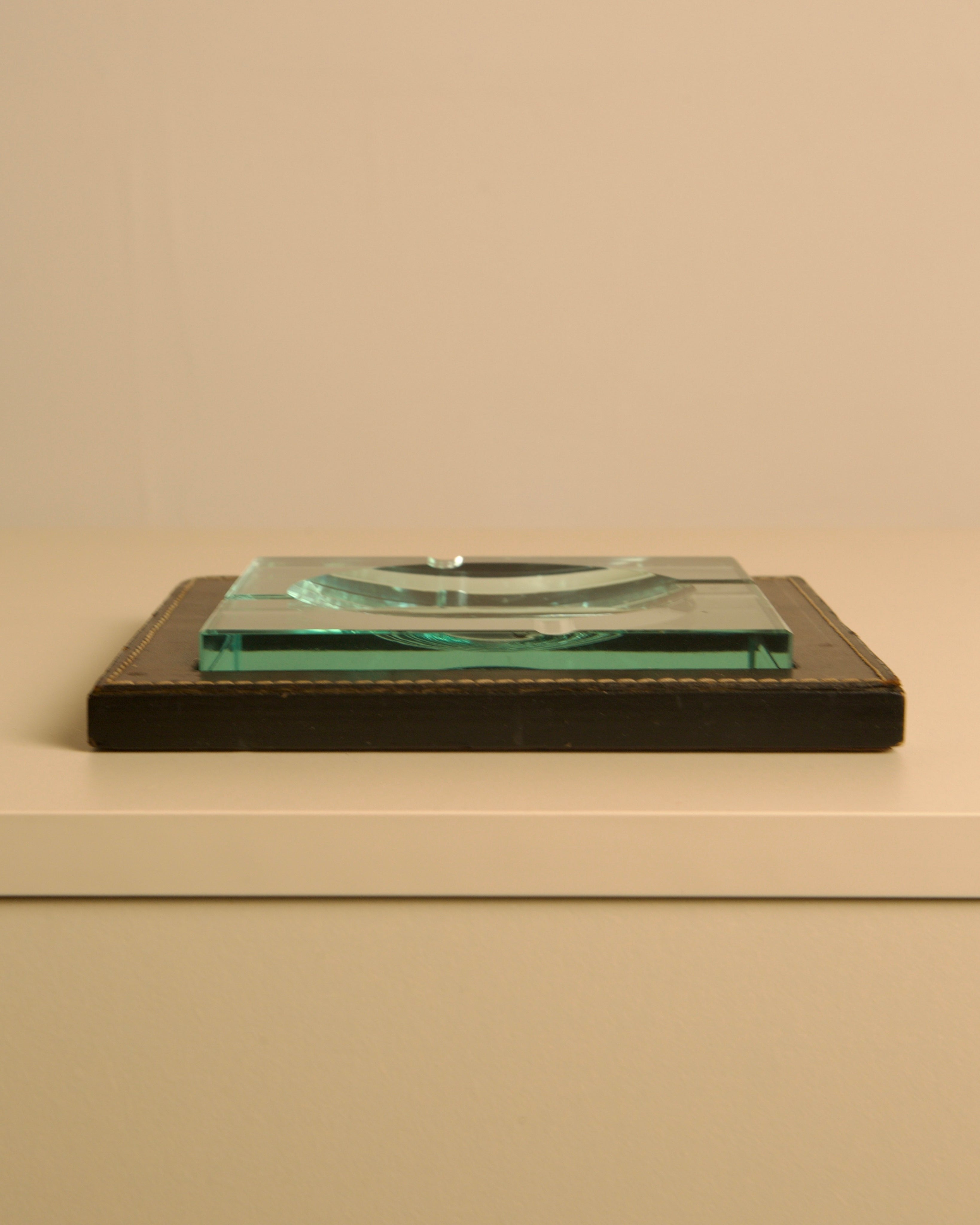 Square Italian Ashtray in Leather and Wood by Fontana Arte, 1960s — top view on white surface