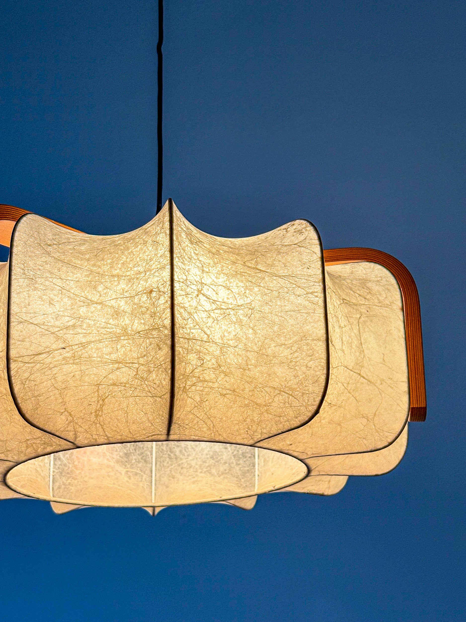 Mid-Century Cocoon Pendant Lamp, Resin & Pine Wood, Italy, 1960s — close-up