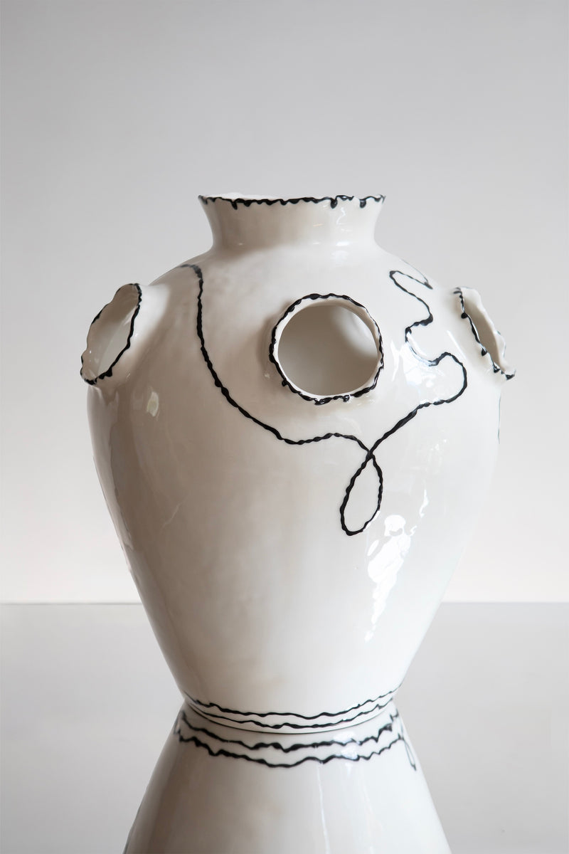 Large Wish Vase — close-up of glossy white ceramic with black detailing