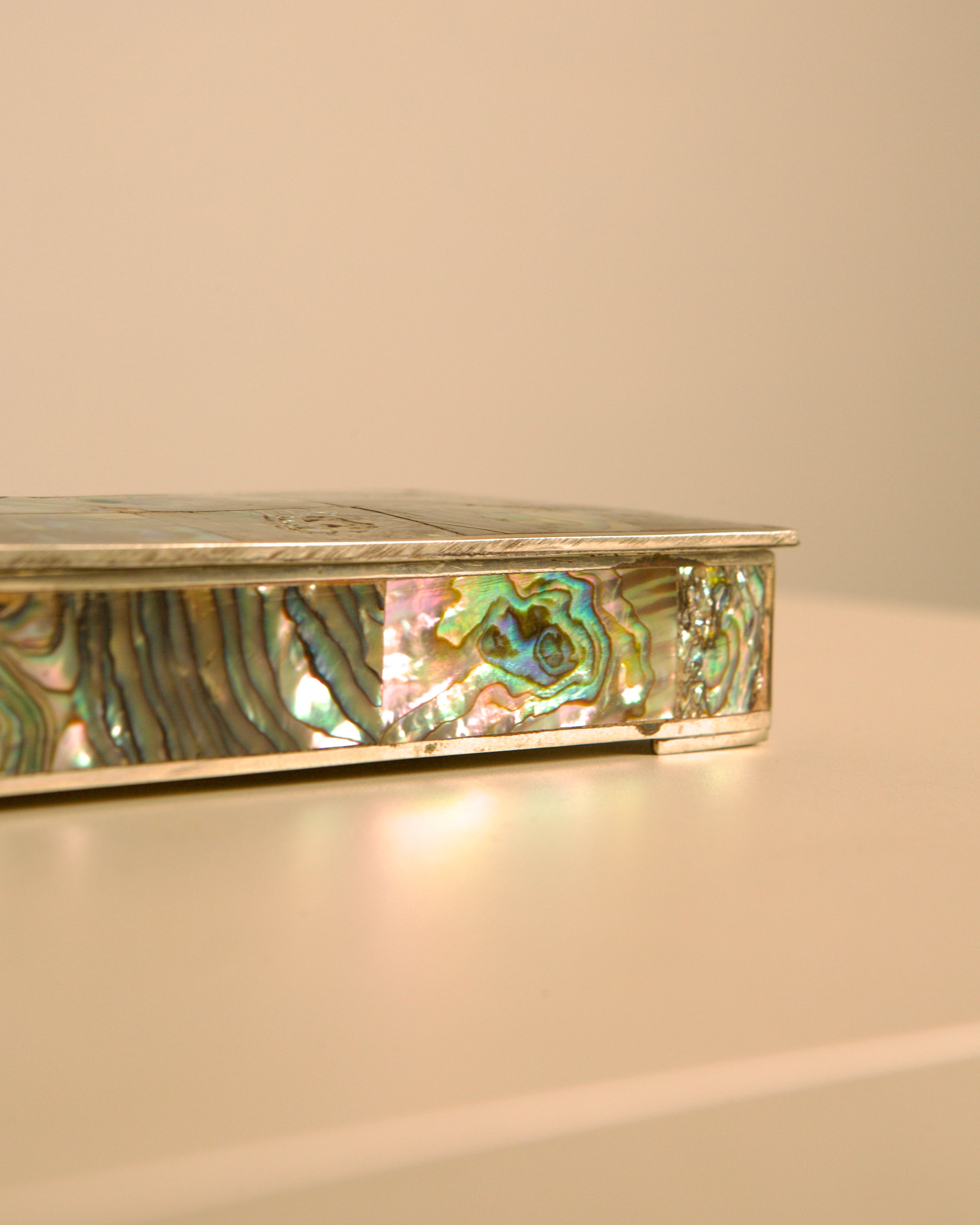 Italian Rectangular Silver and Mother-of-pearl Inlaid Box 40s — side view highlighting mother-of-pearl inlay