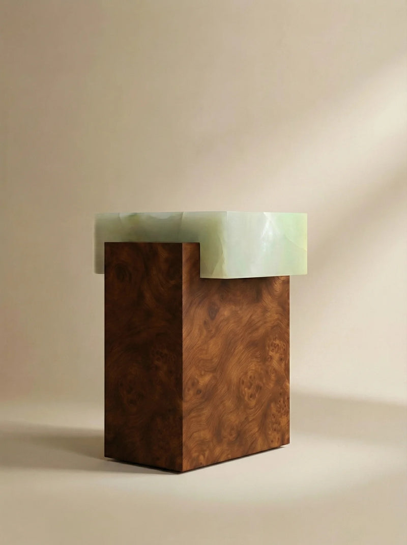 Gaia Burl Wood and Green Onyx Side Table — close-up of onyx top edge