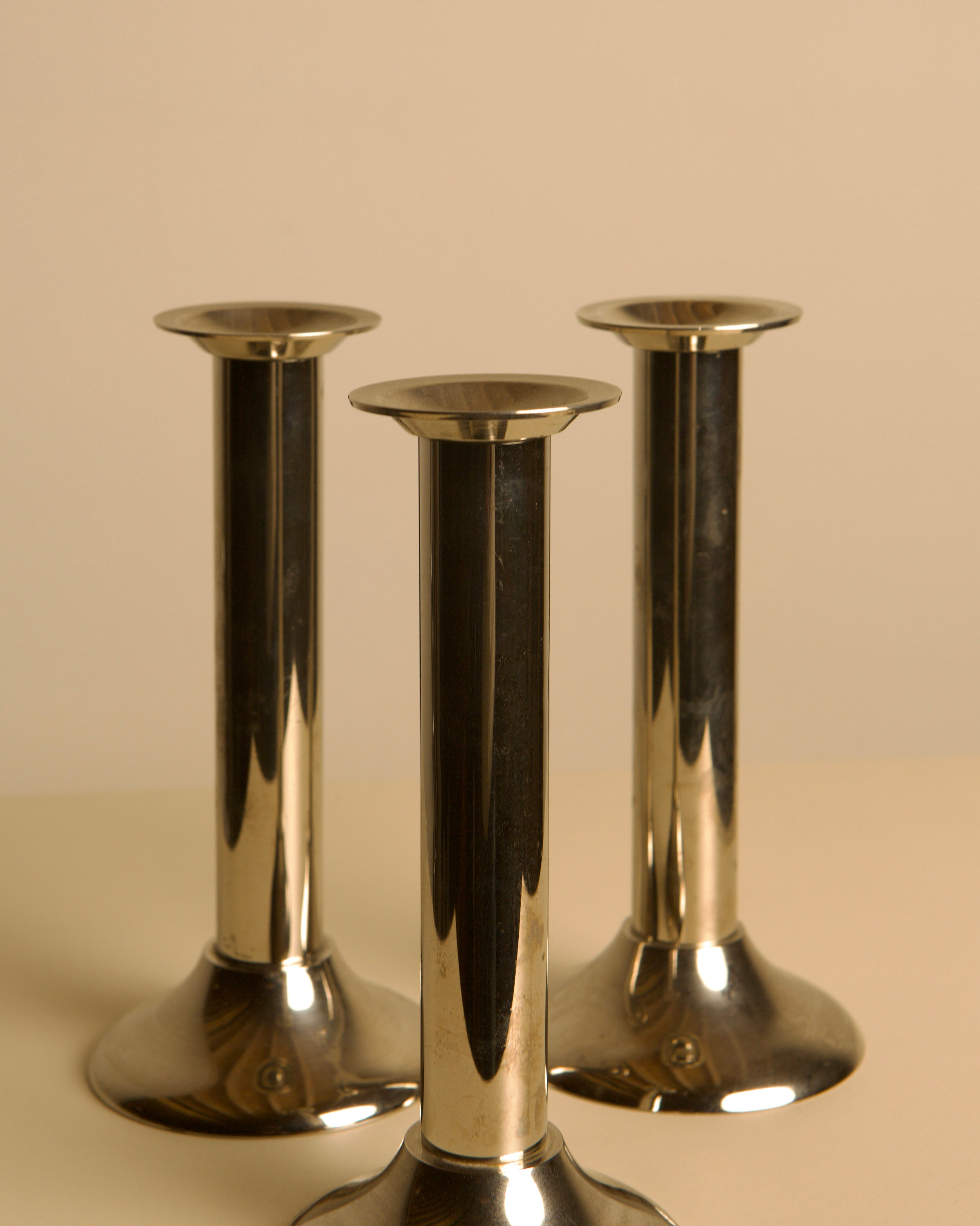 Set of 3 Italian Silver-plated Metal Candlesticks from the 70s