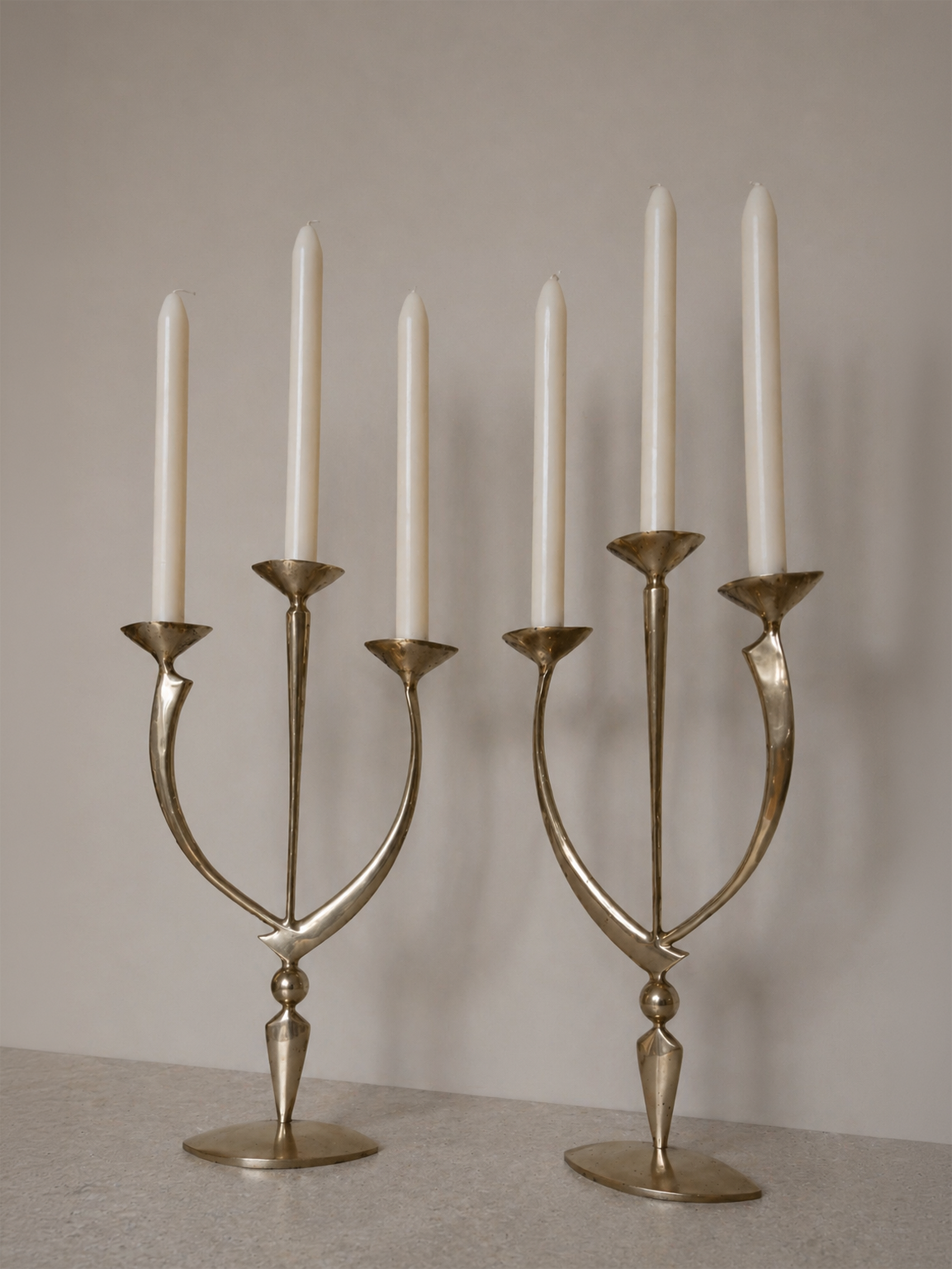 Pair of Mid-Century Solid Brass Sculptural Candleholders - Germany, c.1950s — side angle