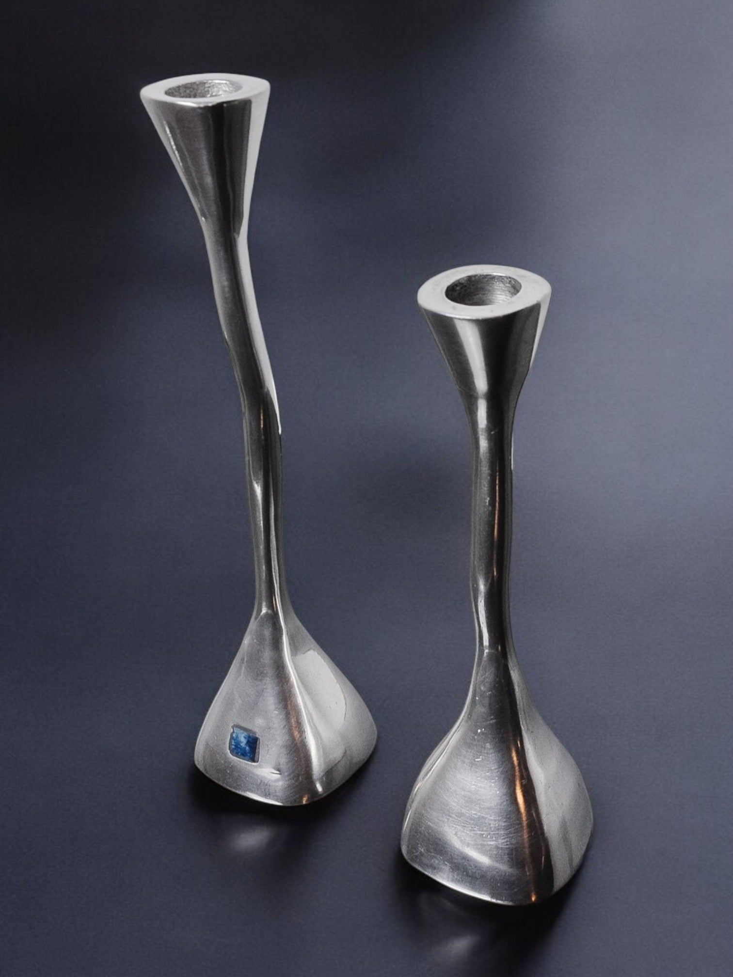Pair of zigzag candle holders, solid aluminum and polished stone, art3, Spain, 1970 — side angle