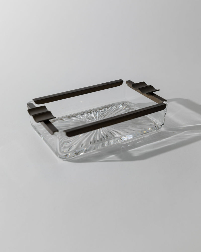 Art Deco Crystal Glass Ashtray, Italy 1930s — close-up of clear glass with metal accents