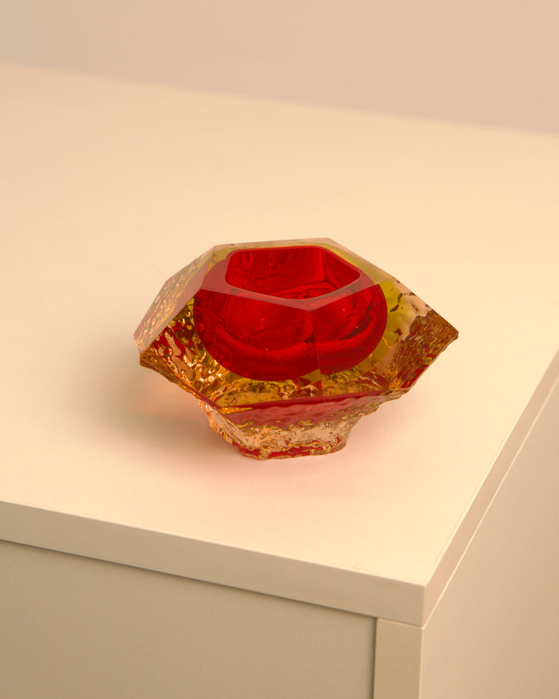 Vintage Murano glass diamond-shaped vide-poche in amber and red