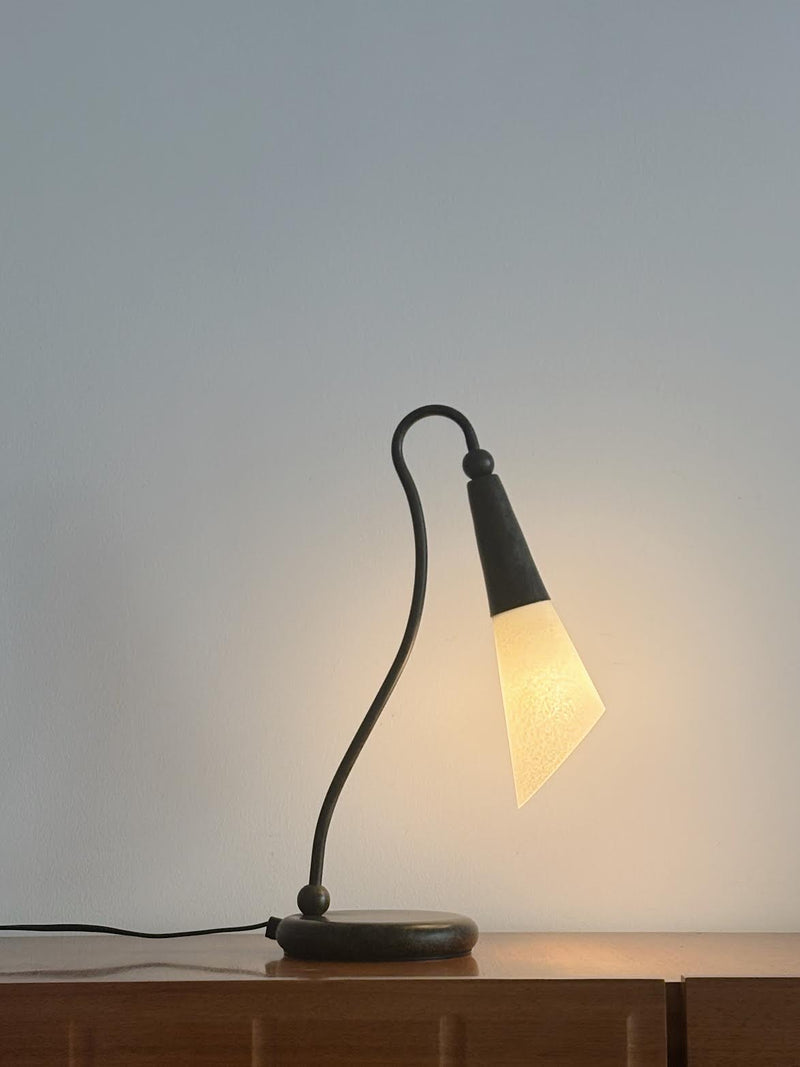Metal Lamp with Glass Shade, Italy c. 1990's — close-up of curved metal arm and glass shade