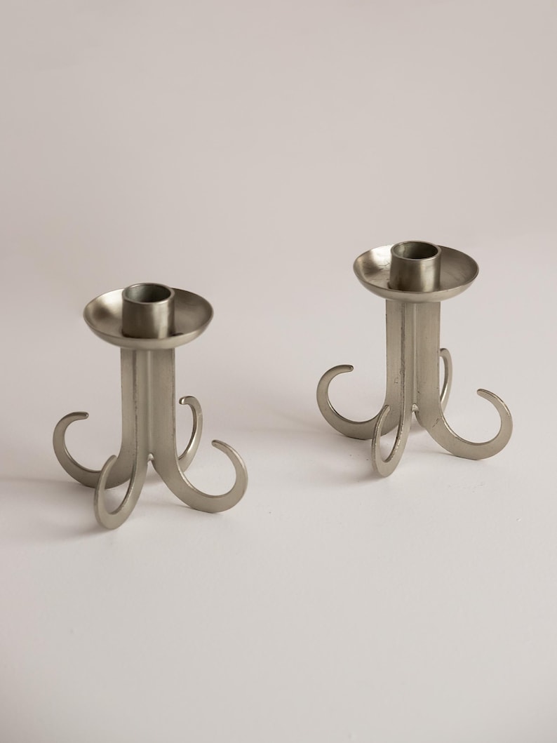 Architectural Steel Totem Candlesticks 1970s – Brutalist Sculptural Set of 2 — detail view