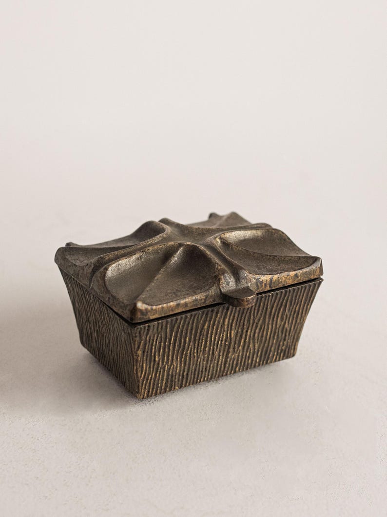 Vintage Brutalist Cast Bronze Trinket Box — side angle showing textured surface