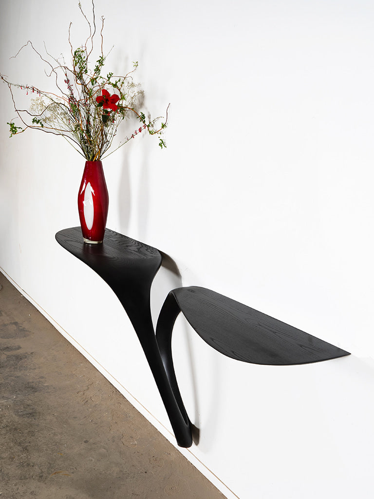 Sculptural Giv Wall Mounted Console Table in Ash wood Ebony stain — side angle