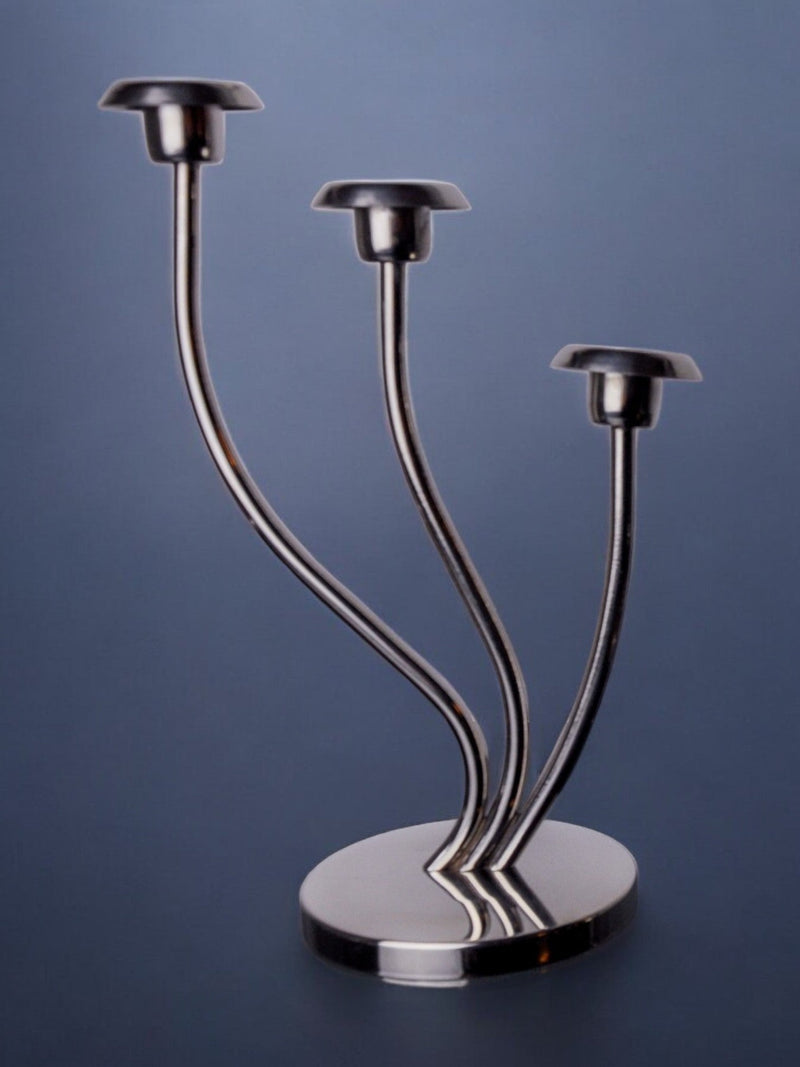 Art deco candlestick in stainless steel 3 flames, Spain, 1970 by Malamar Studio | The Oblist