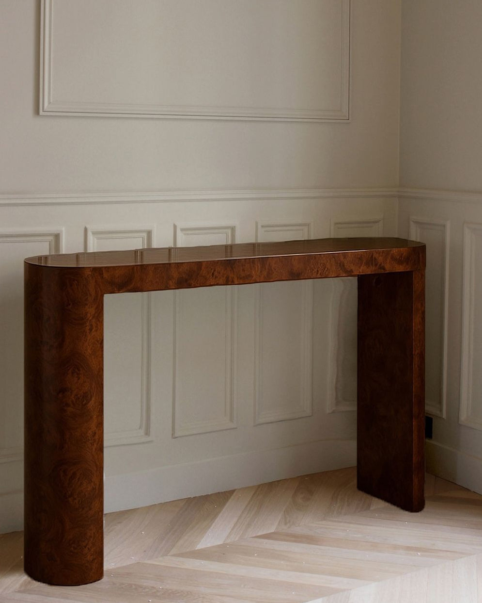 Luna Console Burl Wood — side angle showing rich wood grain in corner setting
