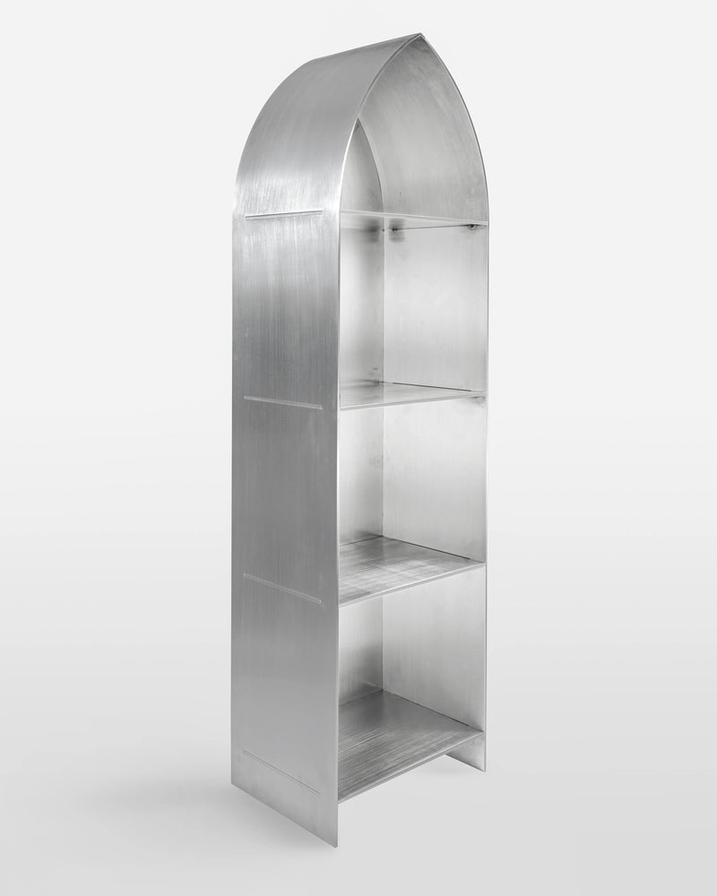 Slim arch bookcase in brushed steel with three shelves, side view