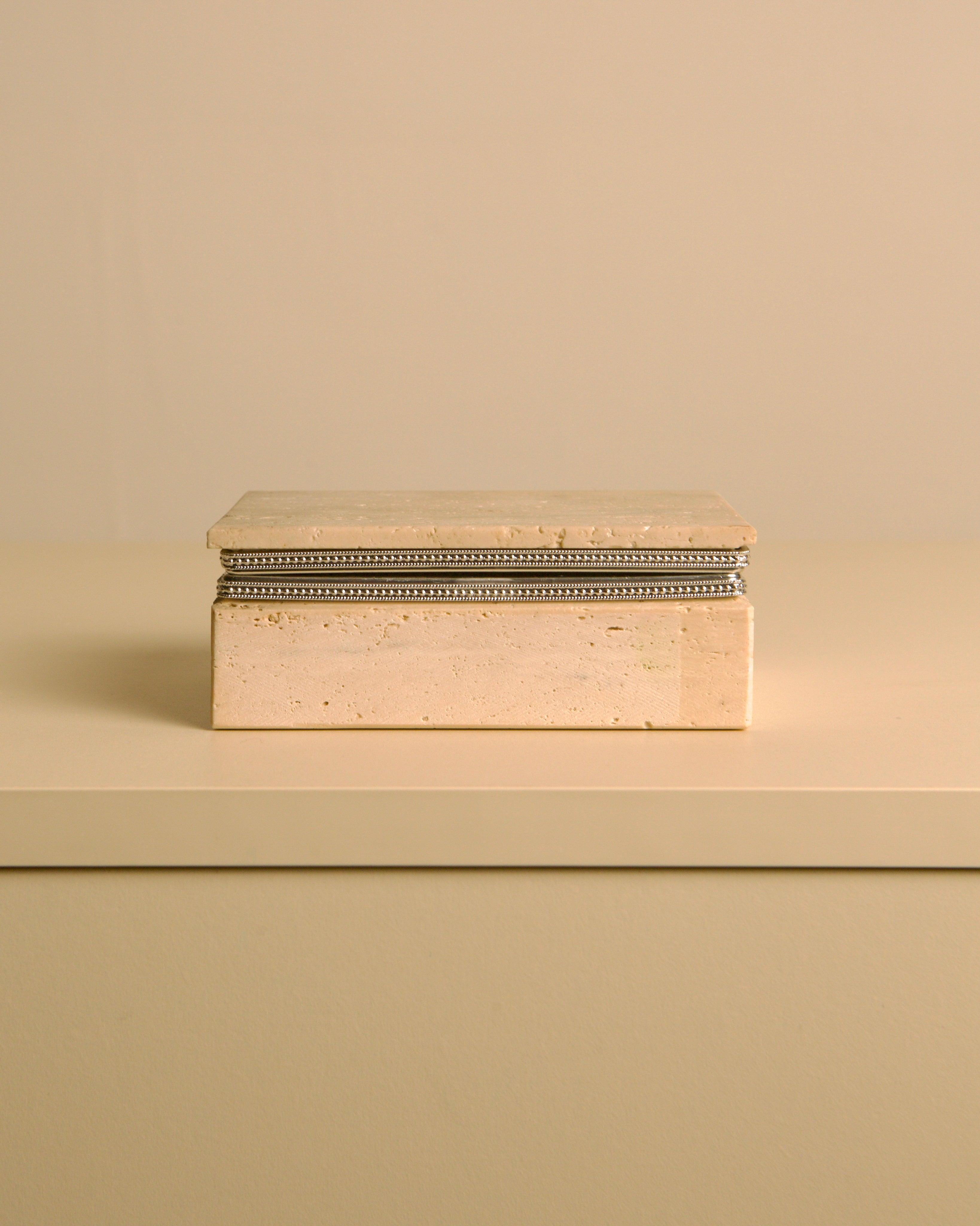 Italian Travertine Box, 60s — side view on neutral surface