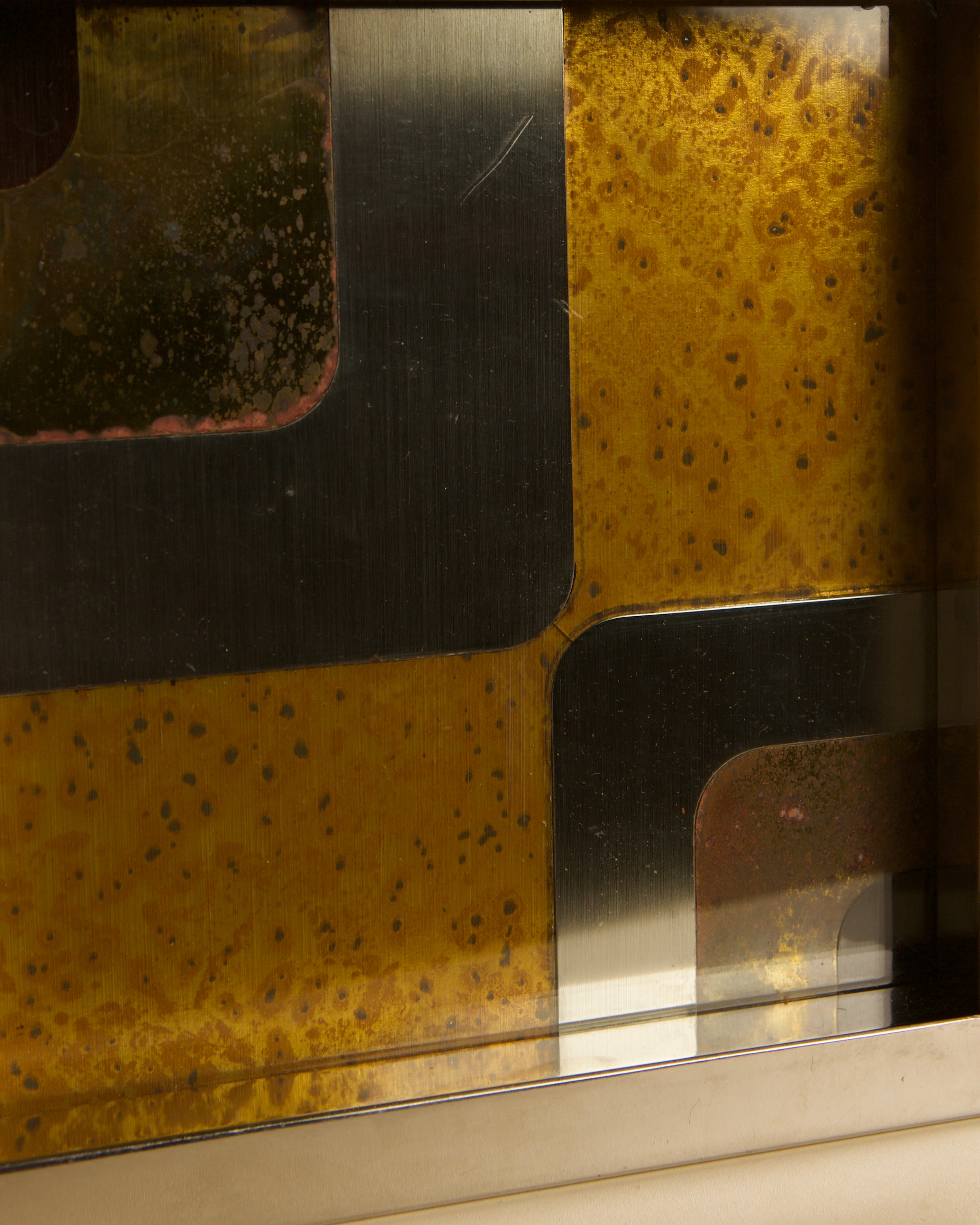 Italian square metal, glass, wood-effect and 70s patina catchall — close-up