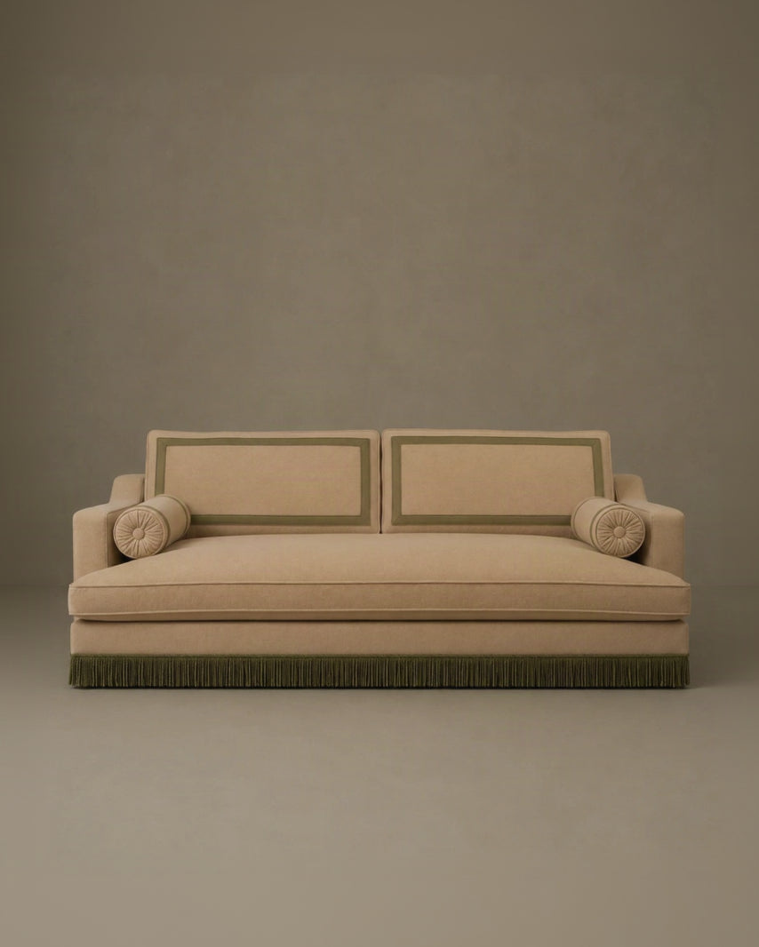 Orlando Sofa 230 cm - Mock Mohair Blush - Green Fringe by RIJD Interior | The Oblist