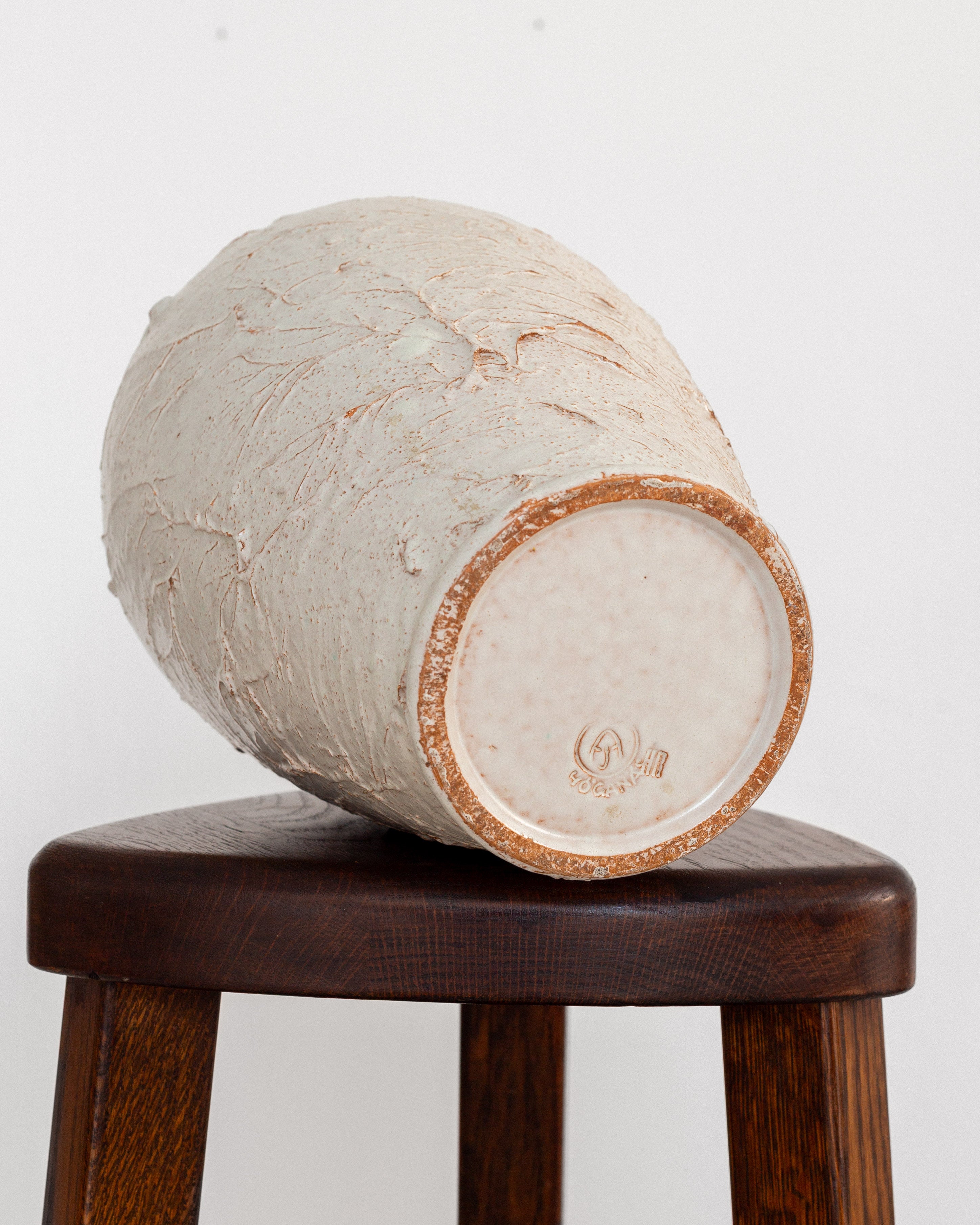 Large Textured Ceramic Vase, 1940s-50s Sweden — back view showing textured surface on wooden stool