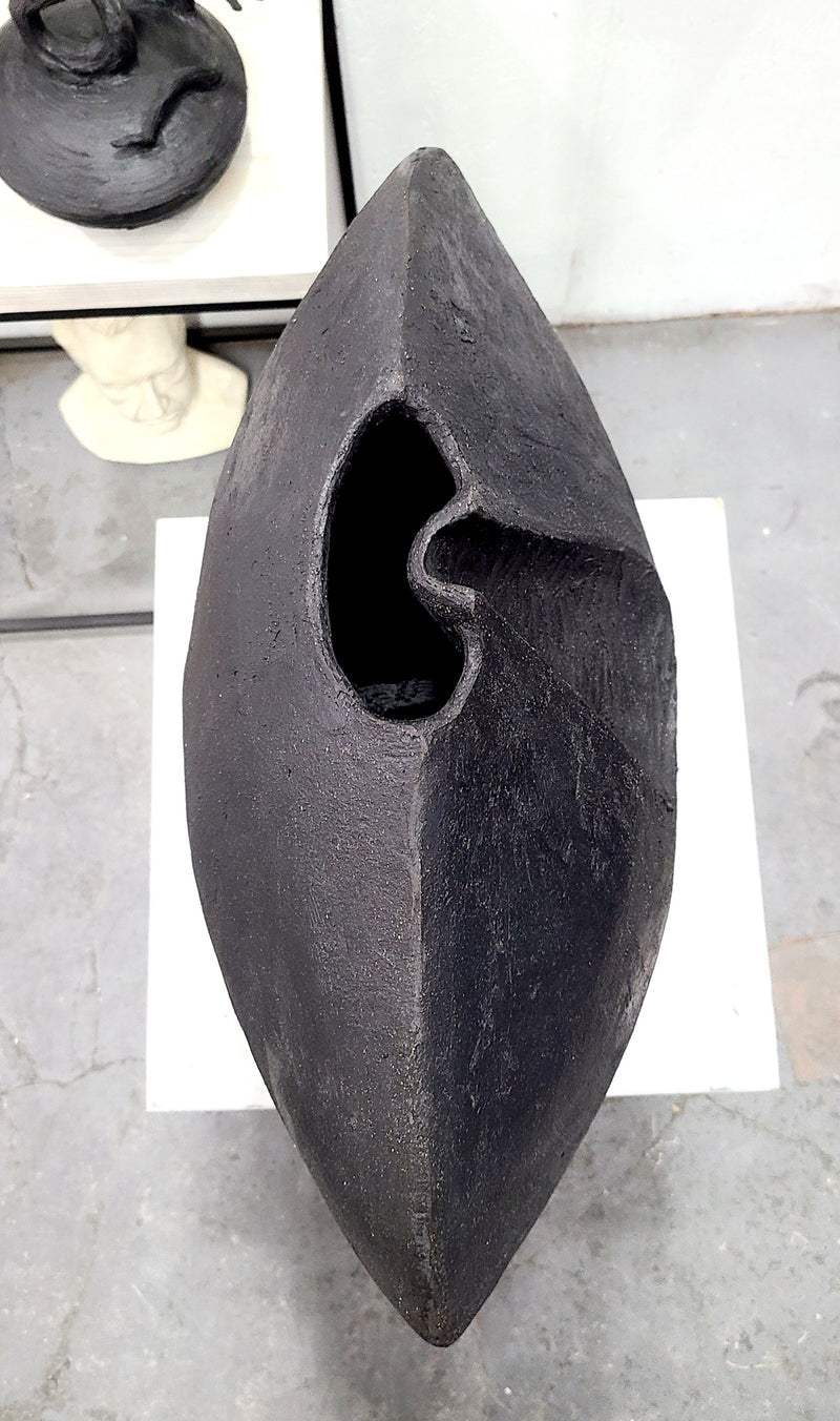 Organic Modernism Vessel in Black Clay - "Belly" — top view highlighting textured black surface