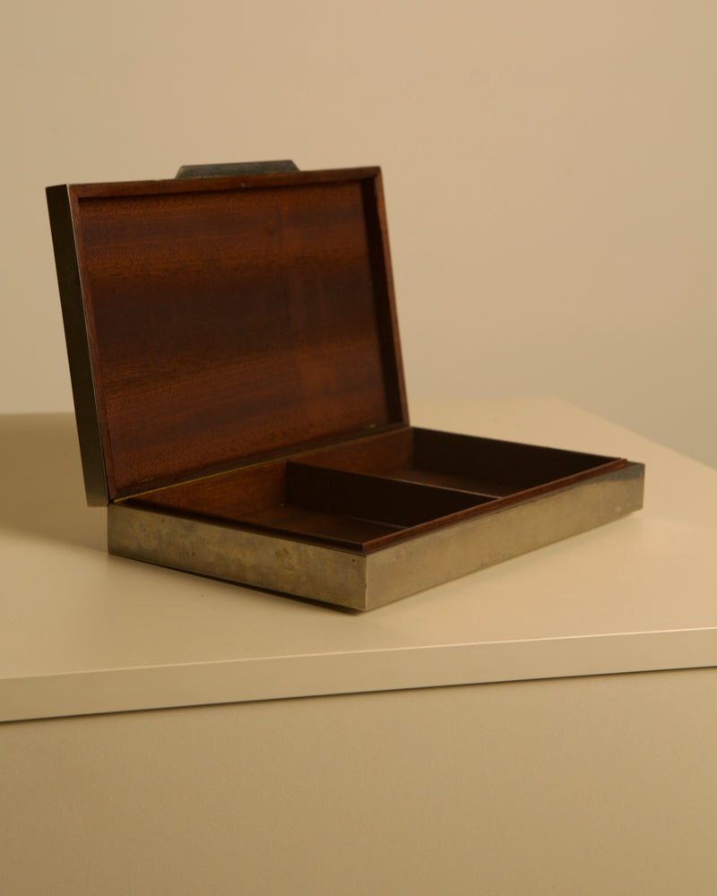 Large Italian metal and brass box with a wooden interior, 70s — open view showing wooden compartments