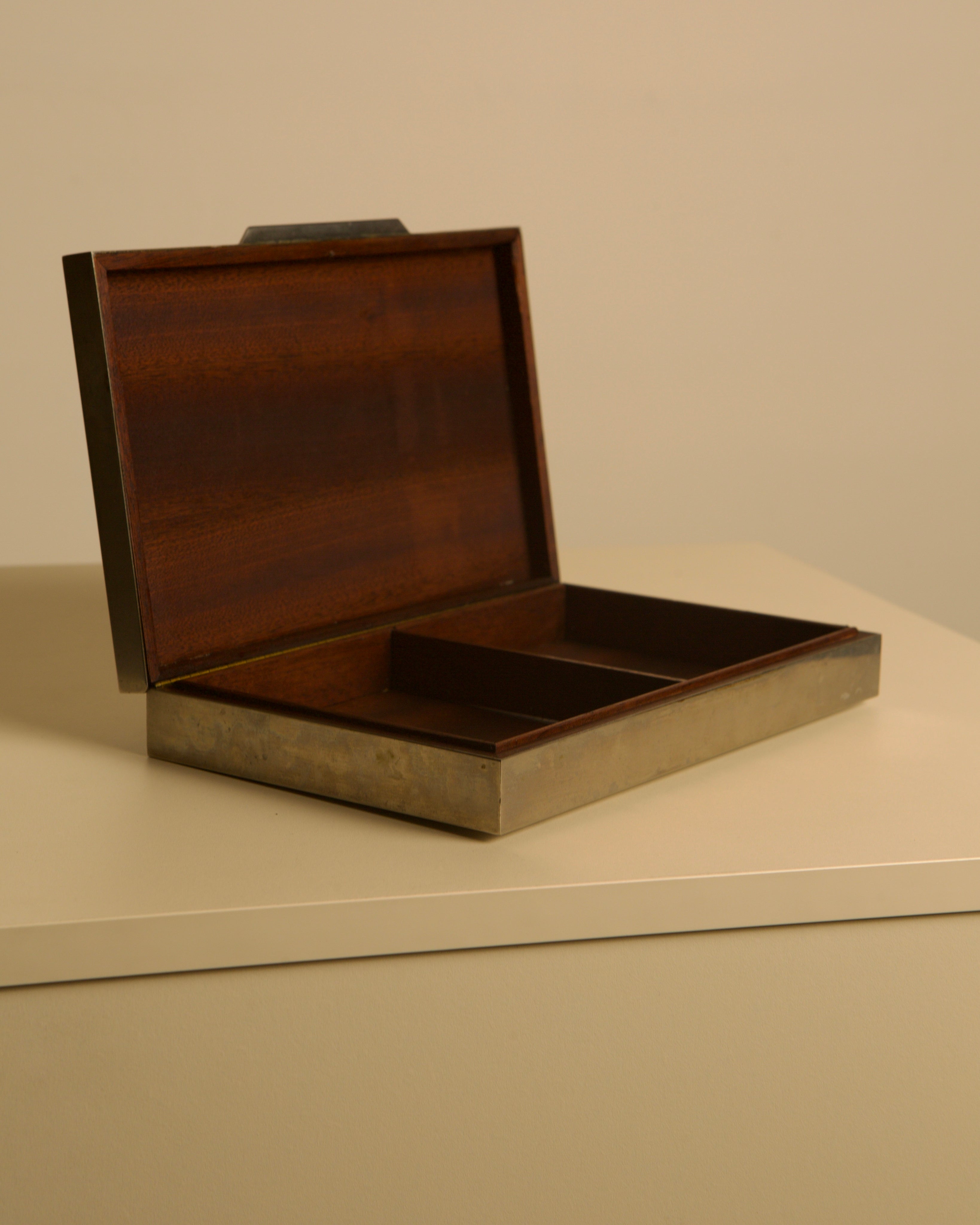 Large Italian metal and brass box with a wooden interior, 70s — open view showing wooden compartments
