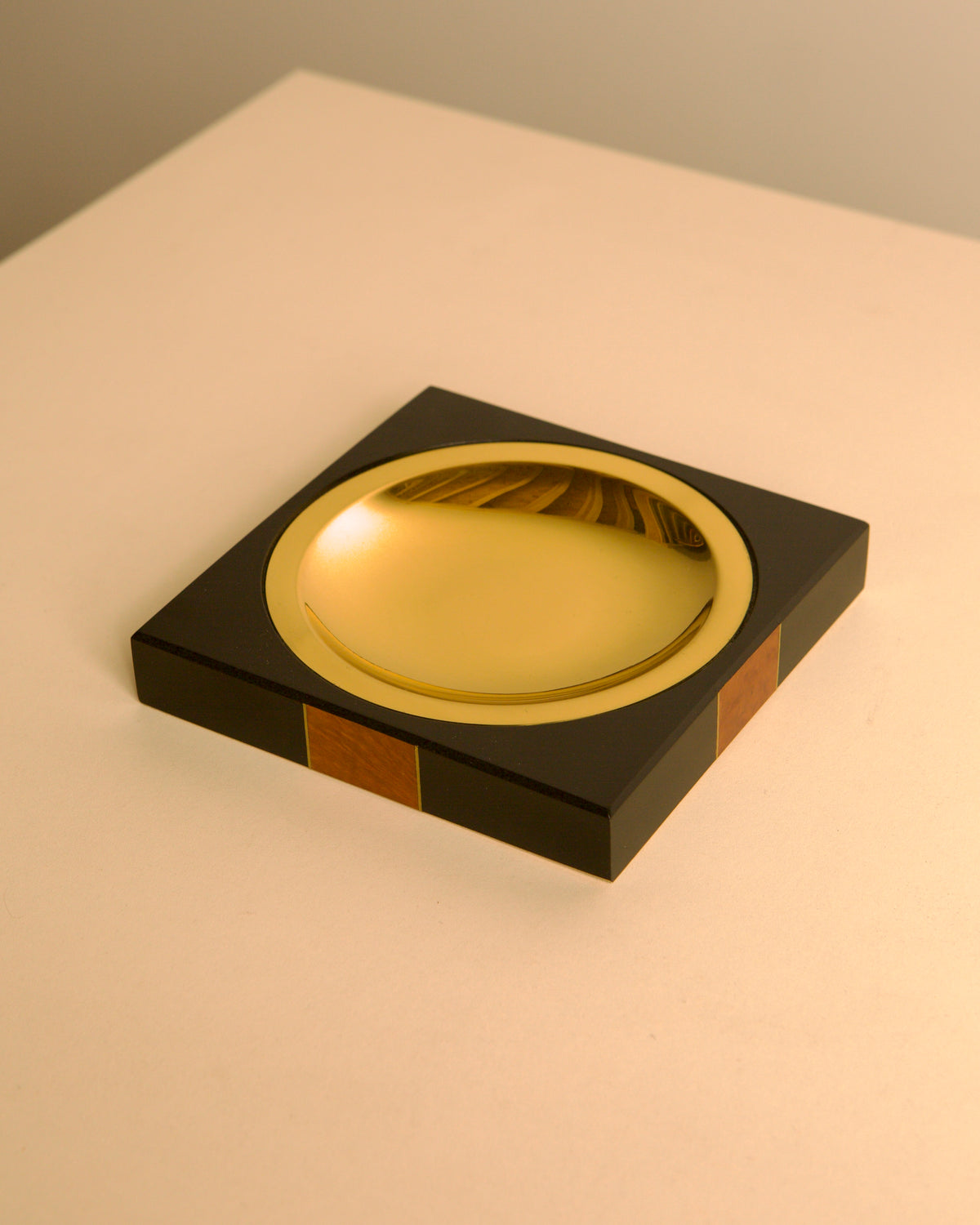 Italian wood and metal catchall tray, 1970s — side angle