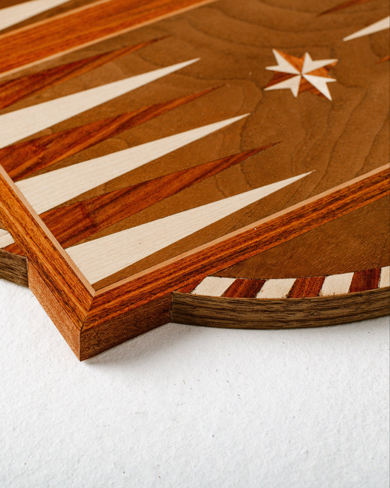 Close-up detail of Navigator backgammon board inlaid wood design